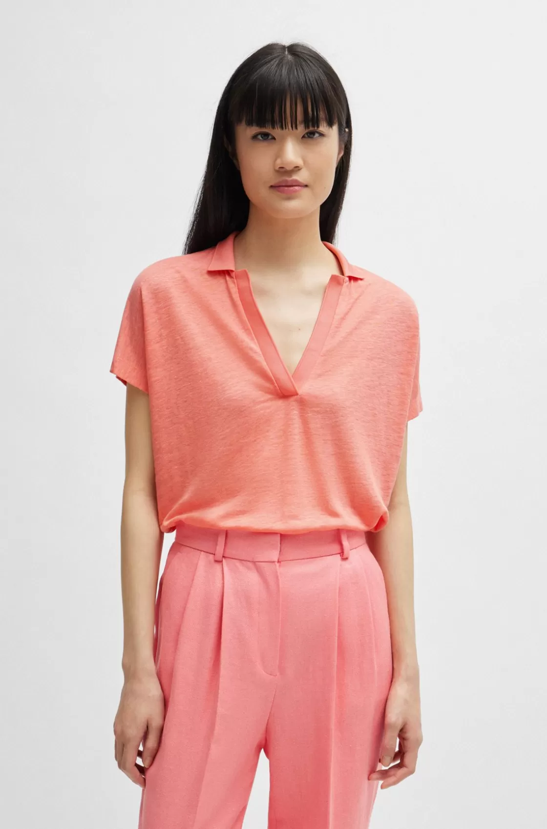 HUGO BOSS Linen-blend Top With Johnny Collar Light Purple Cheap