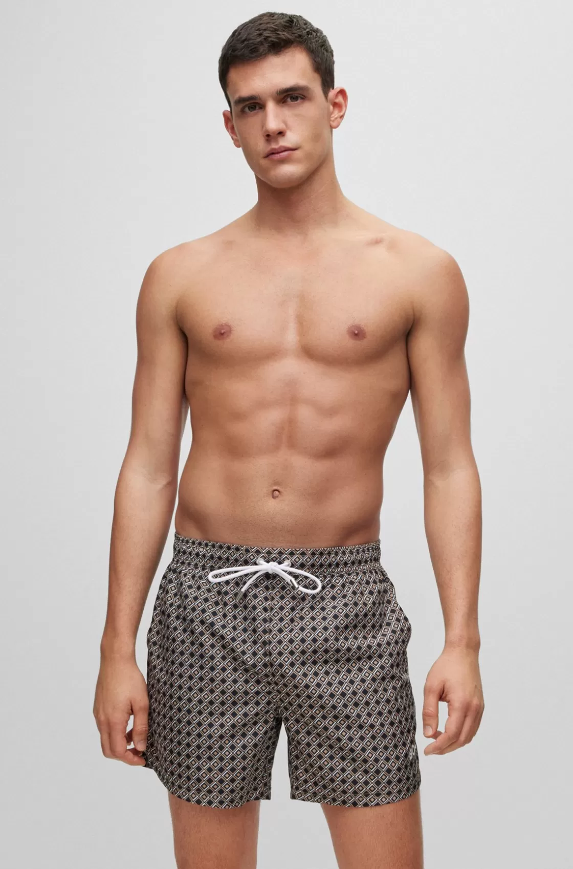 HUGO BOSS Logo Swim Shorts With All-over Seasonal Pattern Beige Discount