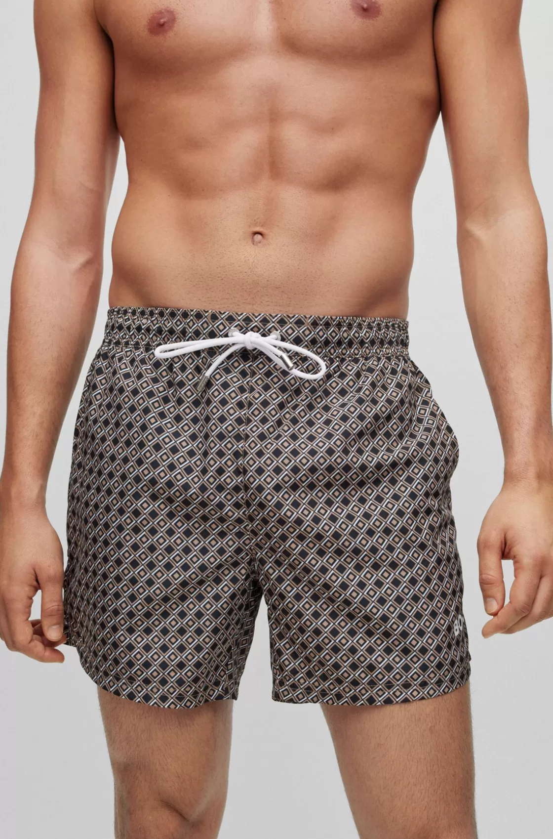 HUGO BOSS Logo Swim Shorts With All-over Seasonal Pattern Beige Discount
