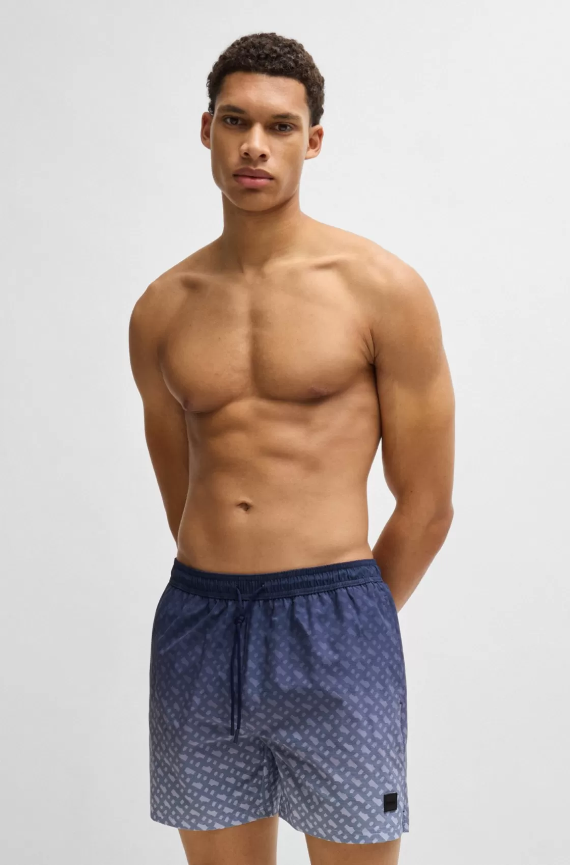 HUGO BOSS Logo-badge Swim Shorts With Degradé Monogram Print Dark Blue Hot