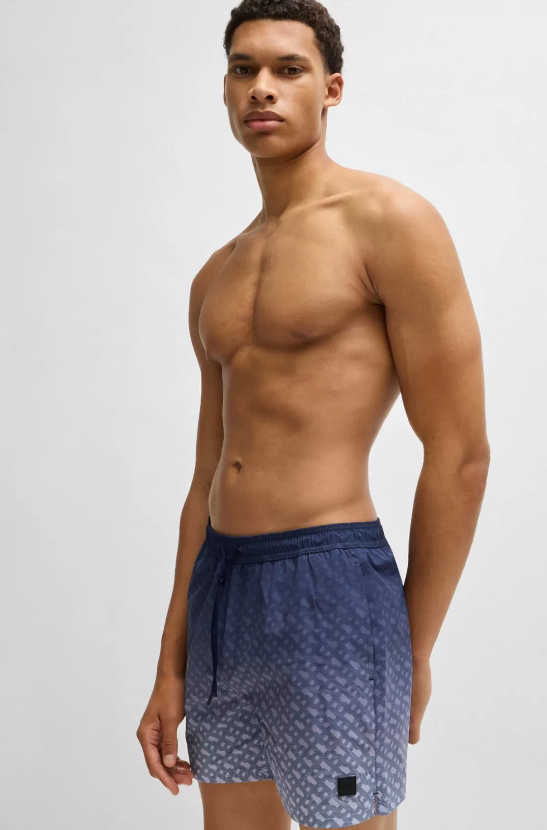 HUGO BOSS Logo-badge Swim Shorts With Degradé Monogram Print Dark Blue Hot