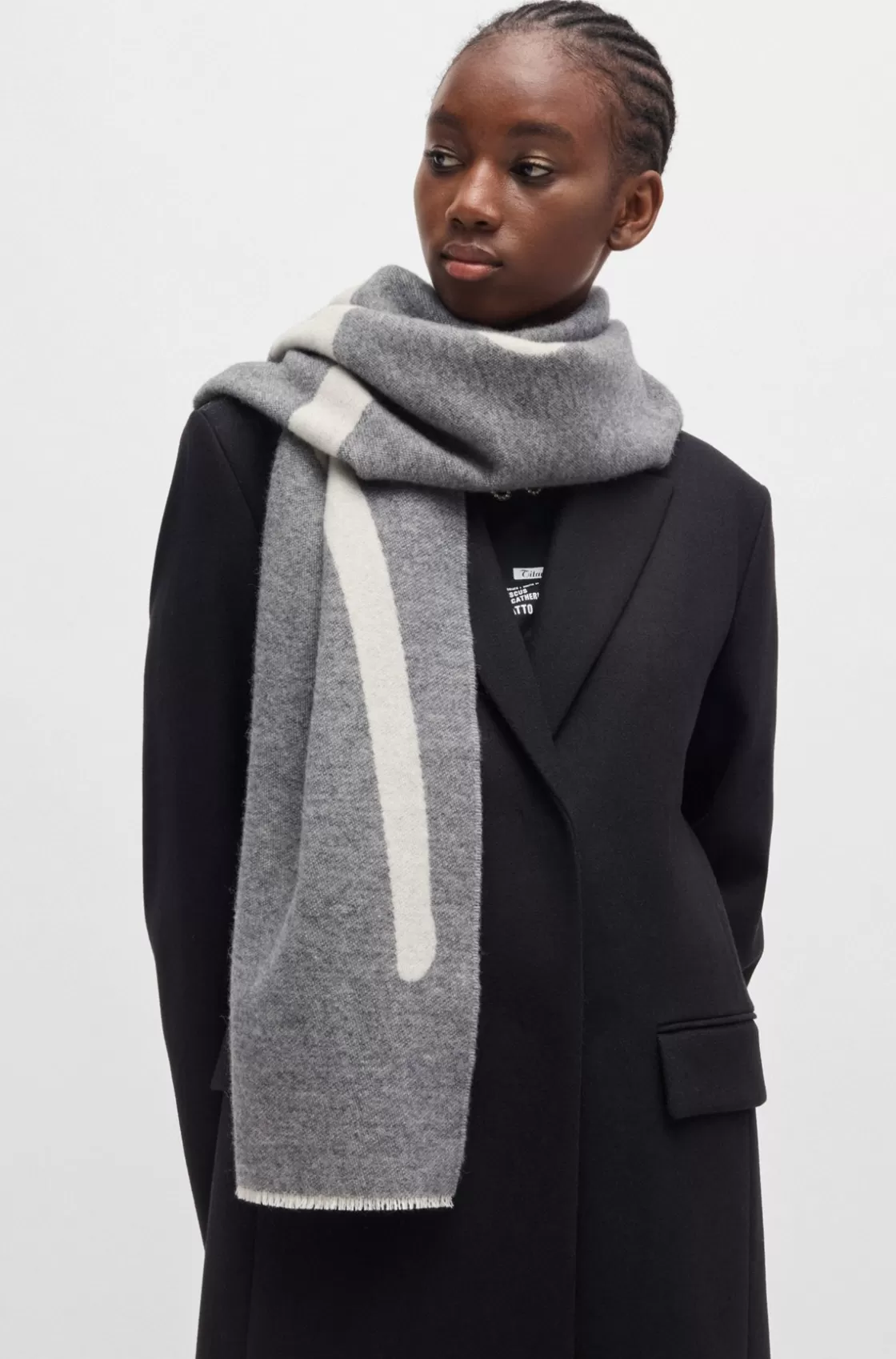 HUGO BOSS Logo-detail Scarf In Wool Grey Fashion