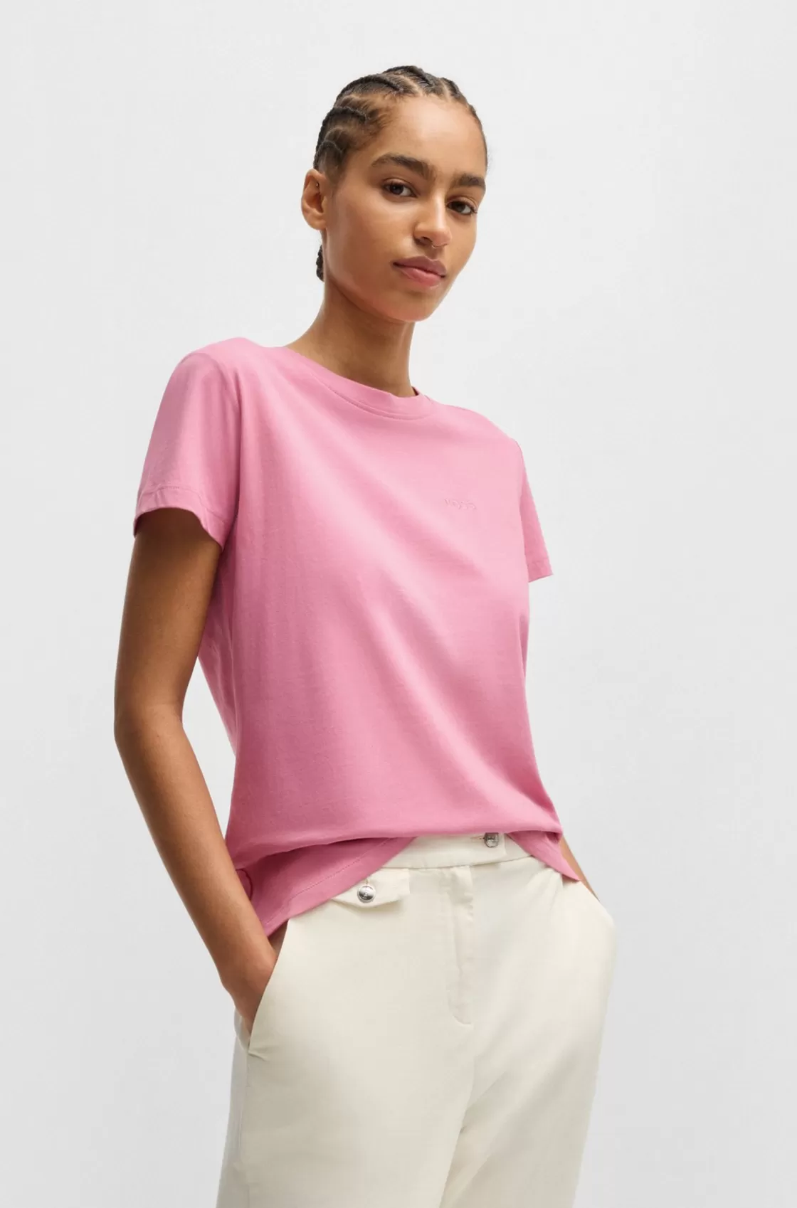 HUGO BOSS Logo-detail T-shirt In Compact Cotton Jersey Light Purple Cheap