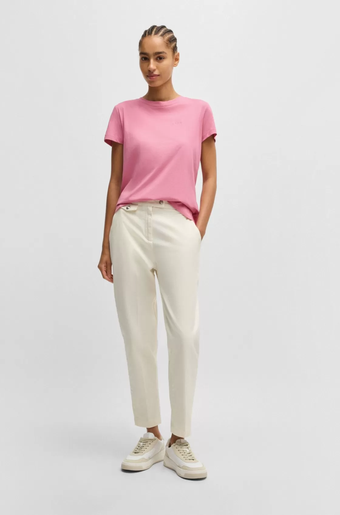 HUGO BOSS Logo-detail T-shirt In Compact Cotton Jersey Light Purple Cheap