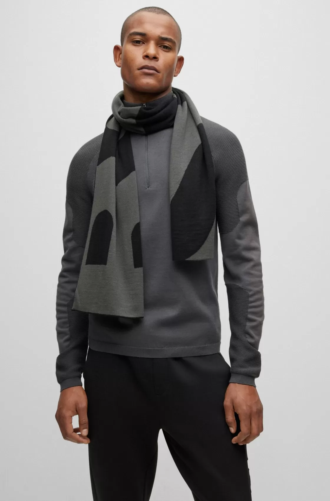 HUGO BOSS Logo-jacquard Scarf Blended With Wool Dark Grey Best Sale