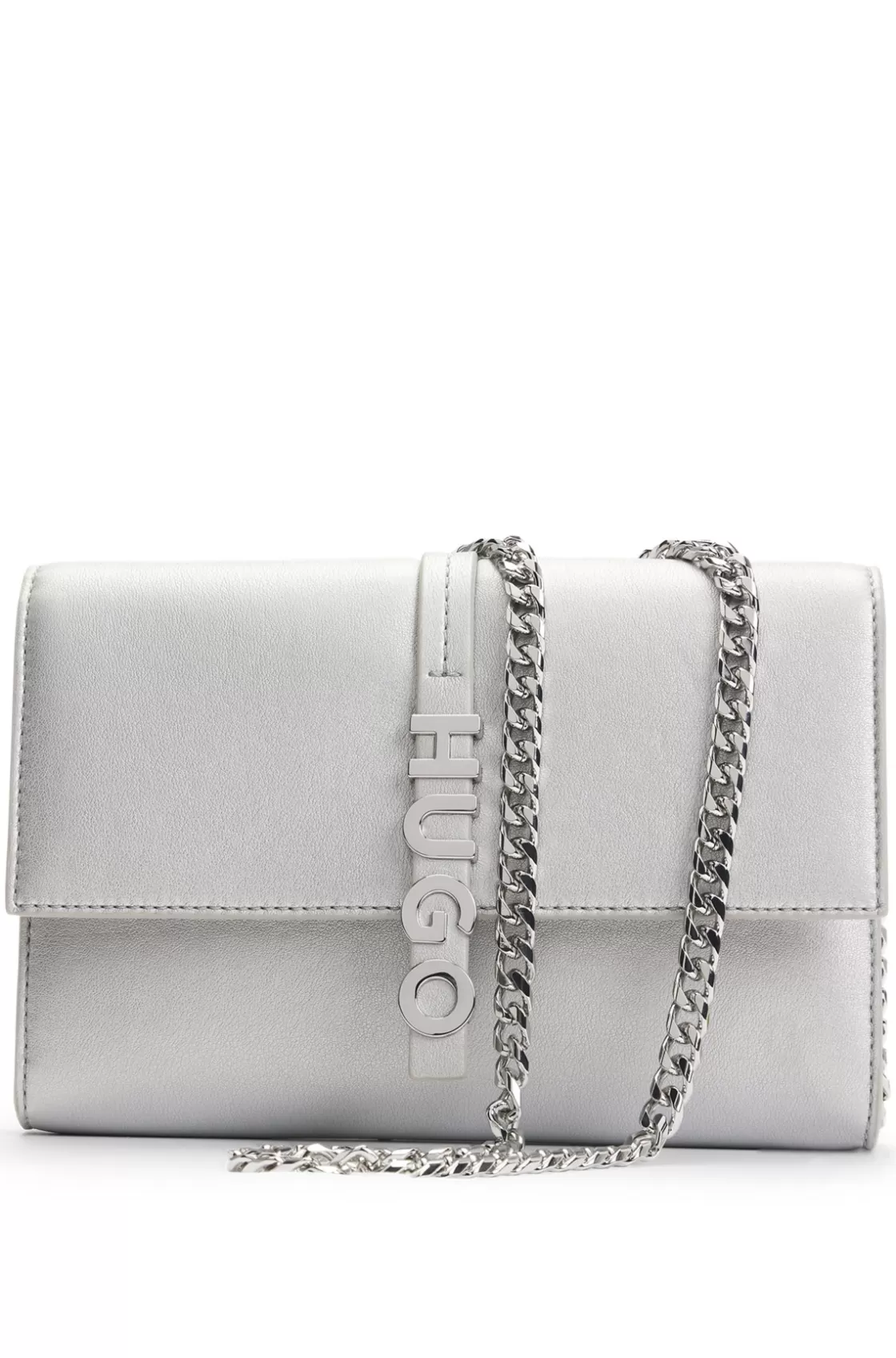 HUGO BOSS Logo-lettering Clutch Bag In Laminated Faux Leather Silver Discount