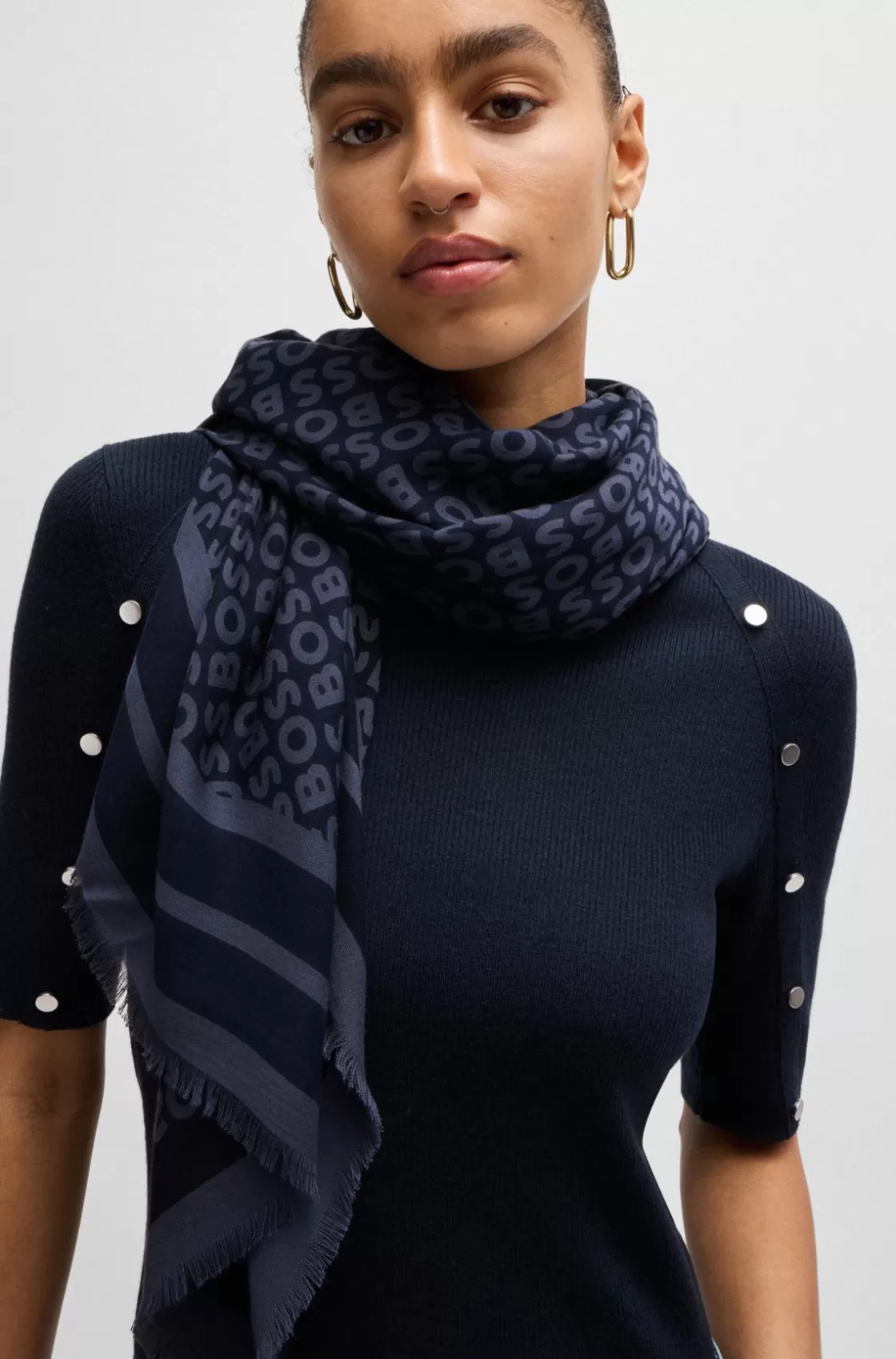 HUGO BOSS Logo-print Scarf In Modal And Silk Dark Blue Best