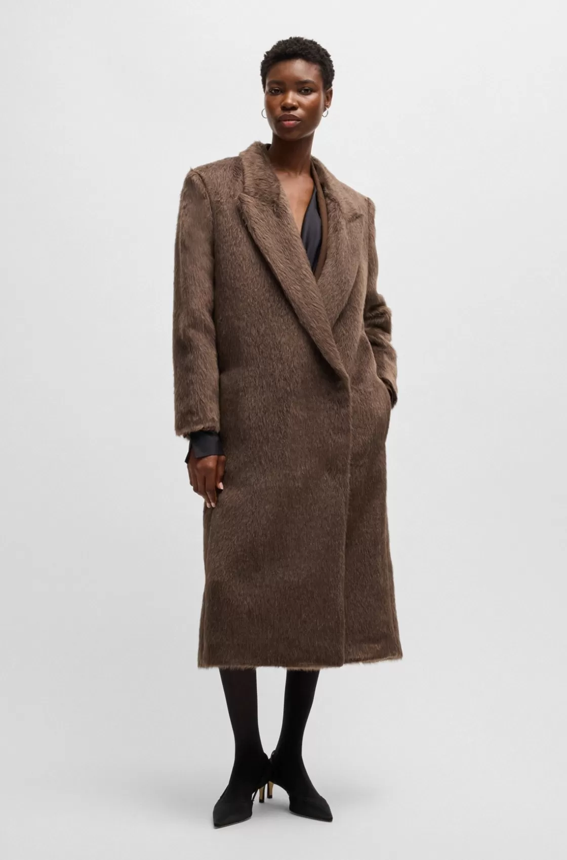 HUGO BOSS Long-length Coat In Alpaca And Wool Brown New
