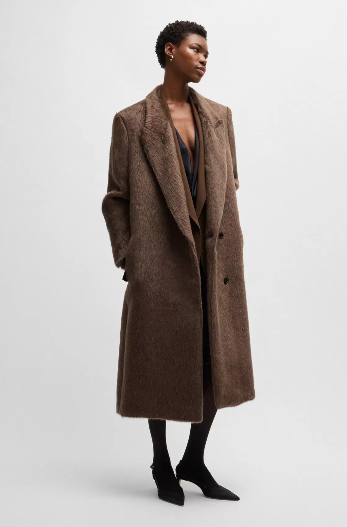 HUGO BOSS Long-length Coat In Alpaca And Wool Brown New