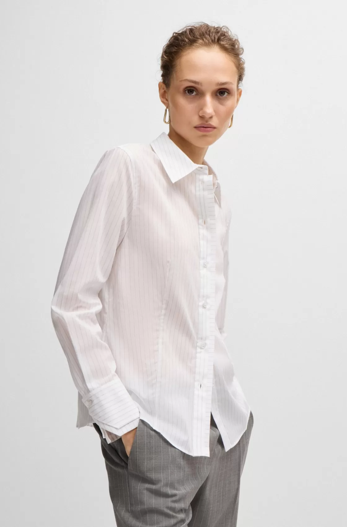 HUGO BOSS Long-sleeved Blouse In Pinstripe Cotton Patterned Best Sale