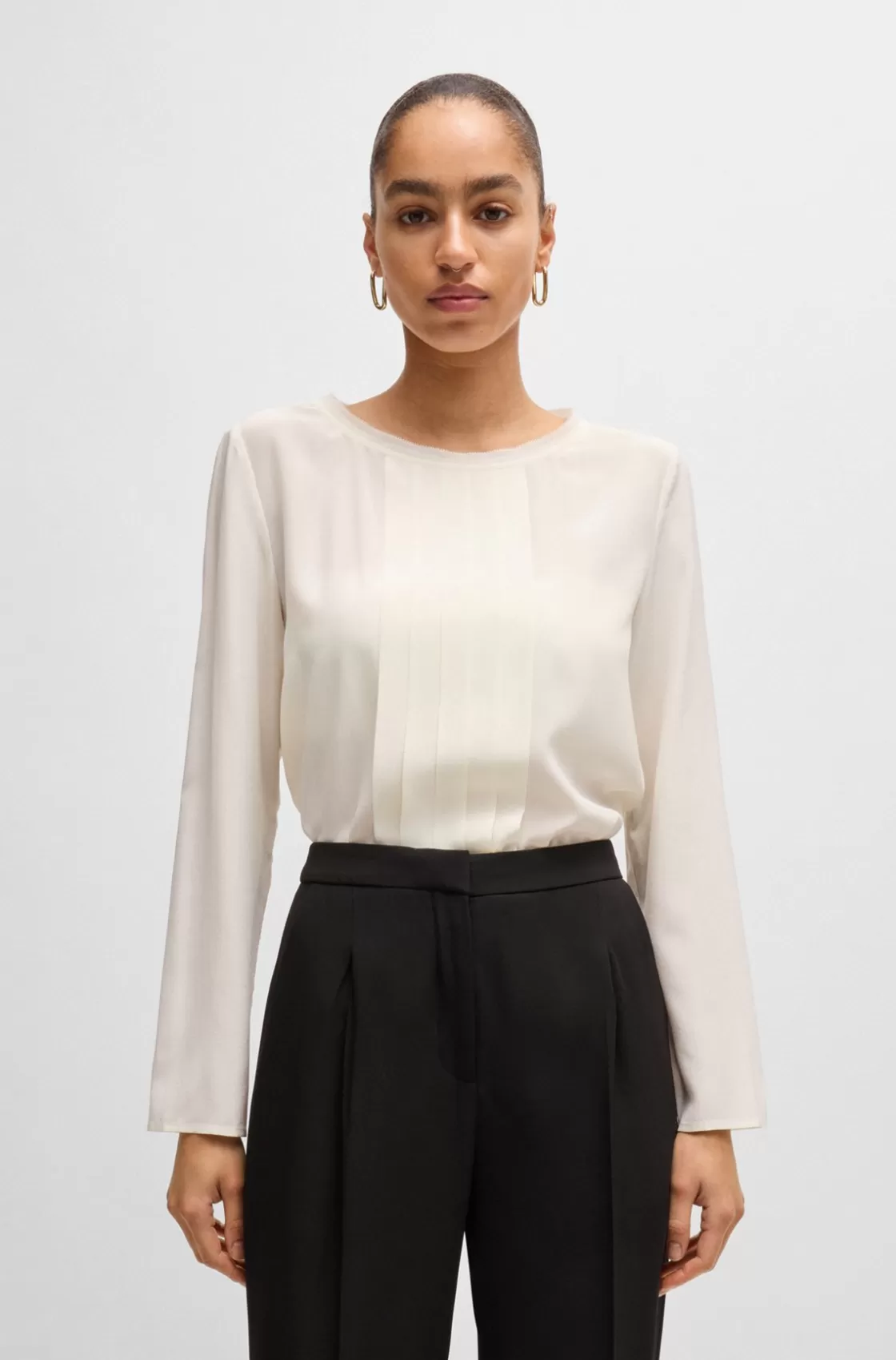 HUGO BOSS Long-sleeved Blouse In Washed Silk With Pleated Front White Outlet