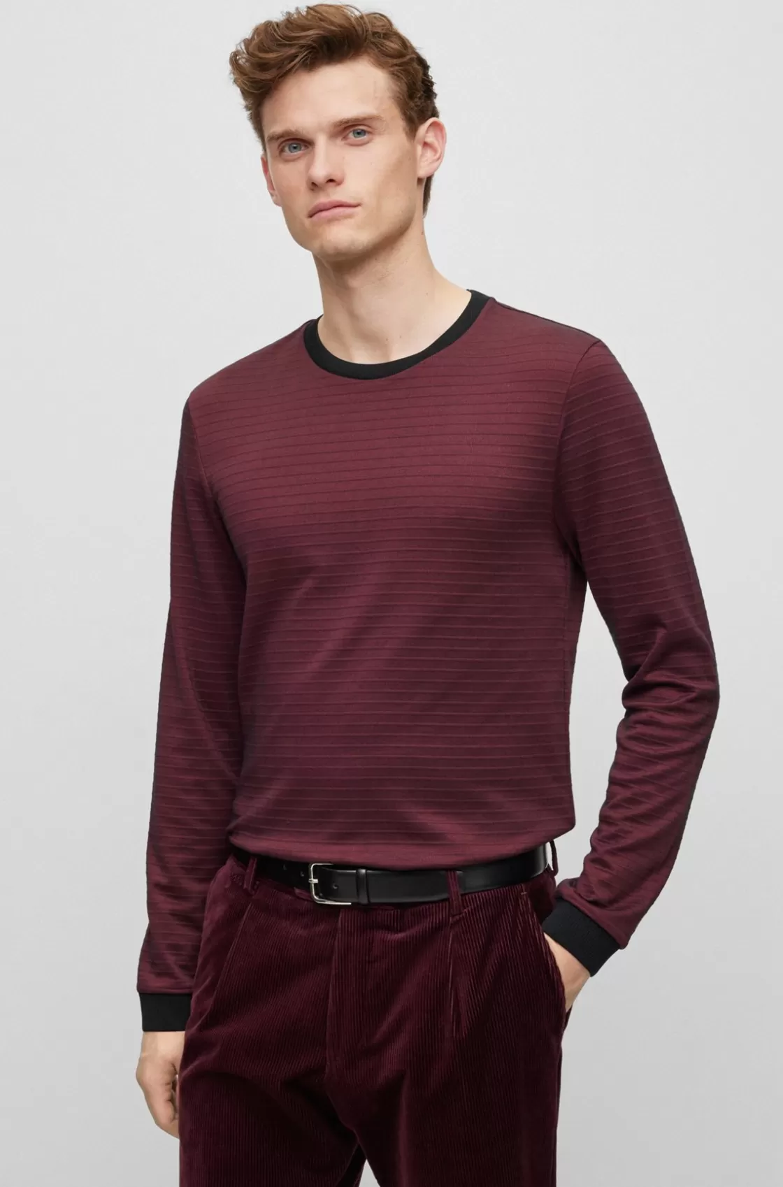 HUGO BOSS Long-sleeved Cotton-blend T-shirt With Ottoman Structure Dark Red Cheap