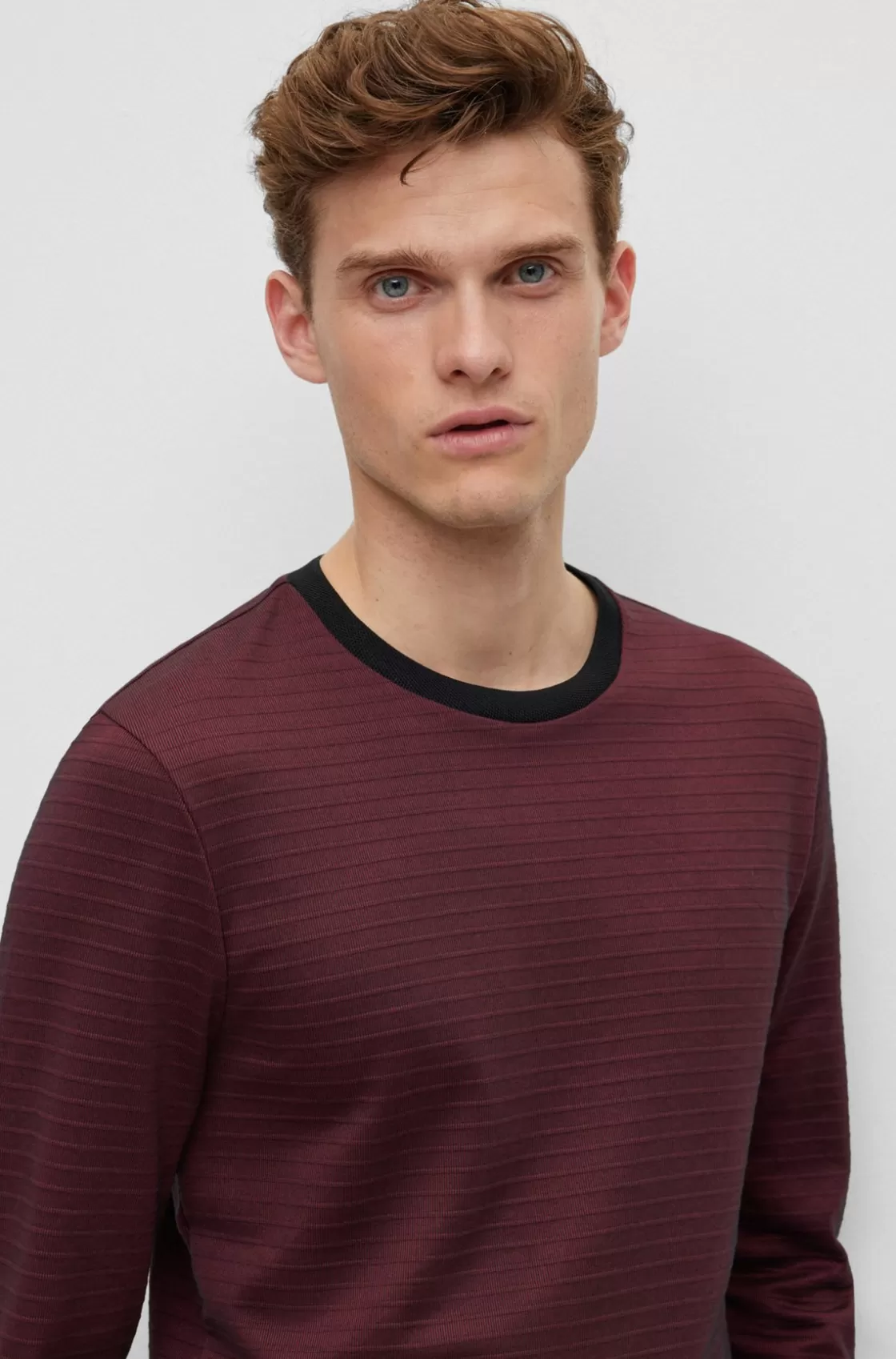 HUGO BOSS Long-sleeved Cotton-blend T-shirt With Ottoman Structure Dark Red Cheap