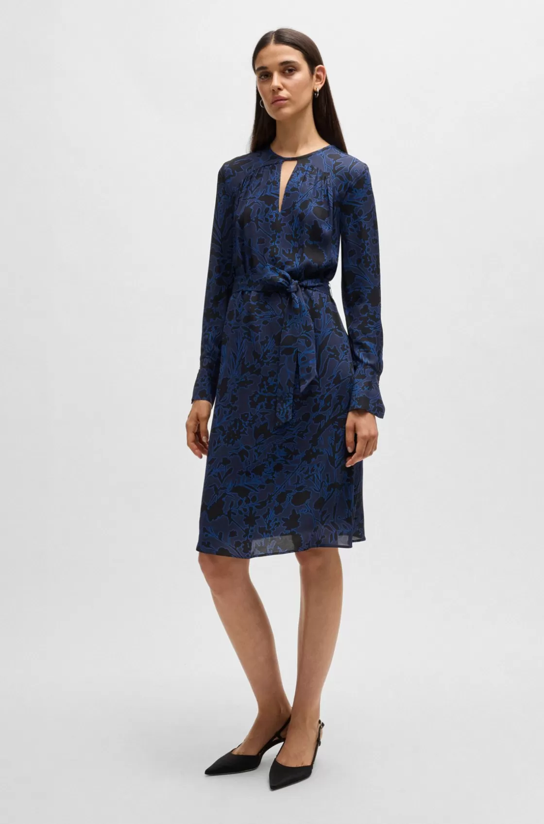 HUGO BOSS Long-sleeved Dress With Floral Print And Belt Patterned Hot