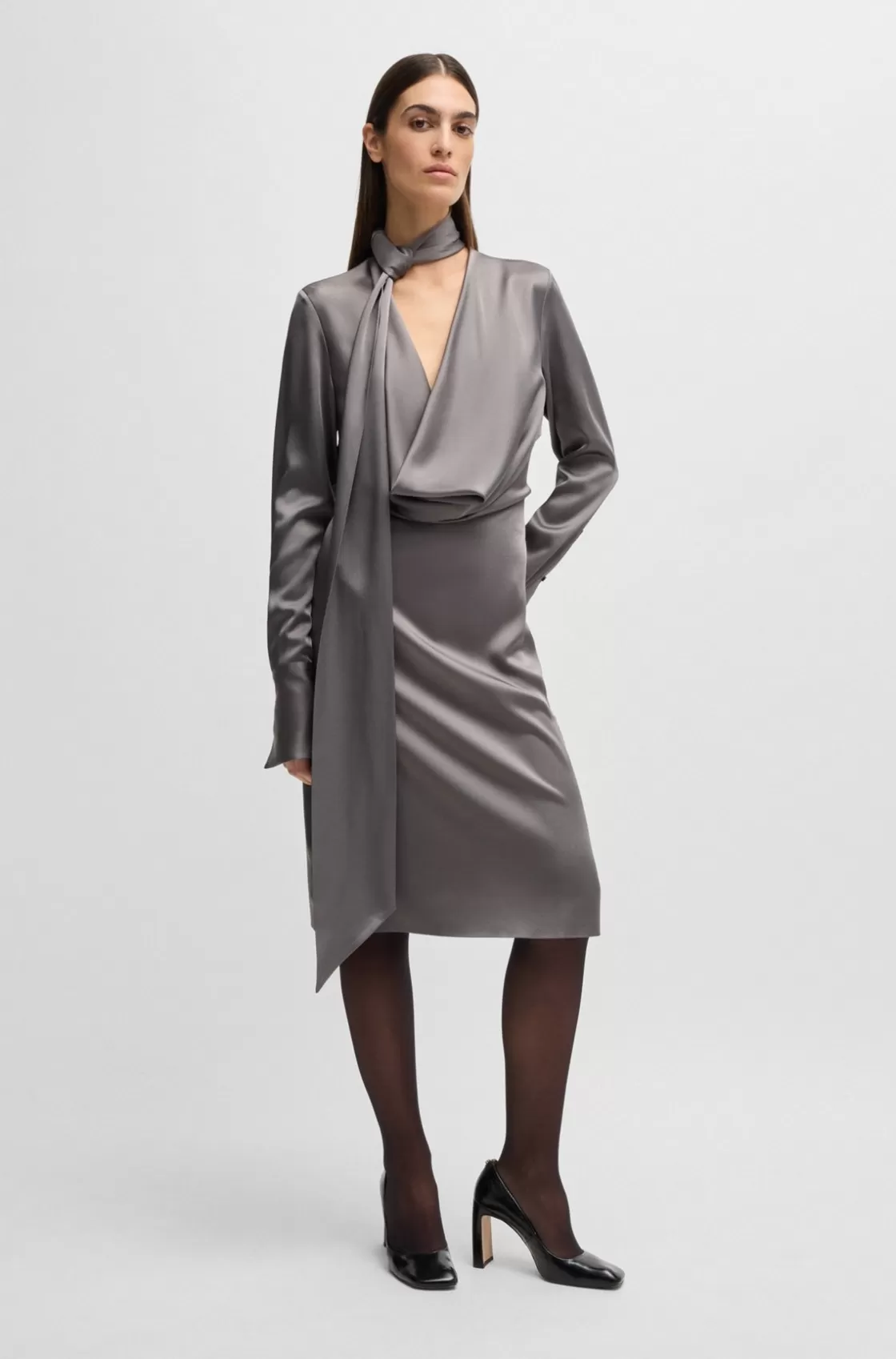 HUGO BOSS Long-sleeved Dress With Scarf Neckline Light Grey Store