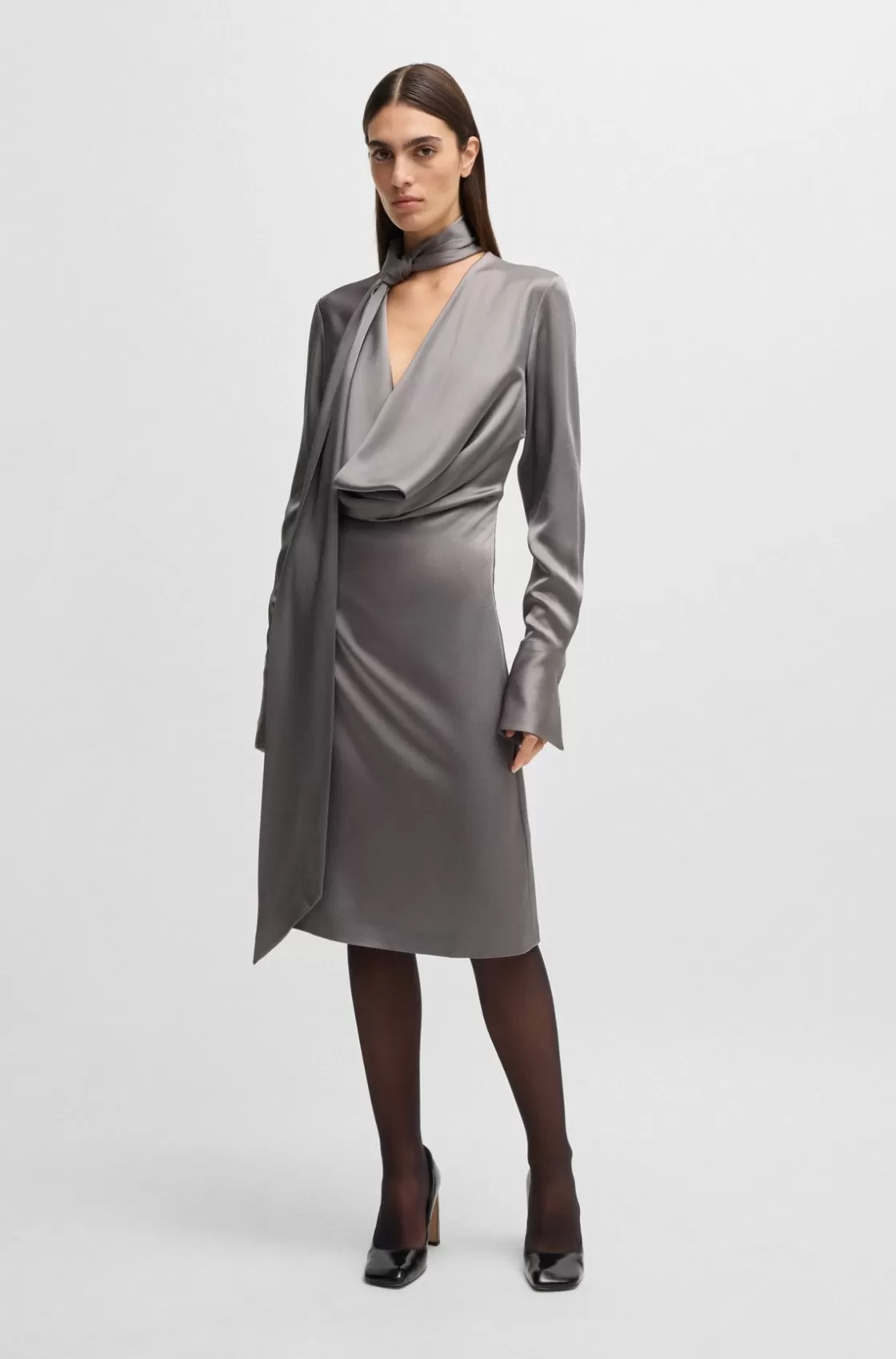 HUGO BOSS Long-sleeved Dress With Scarf Neckline Light Grey Store