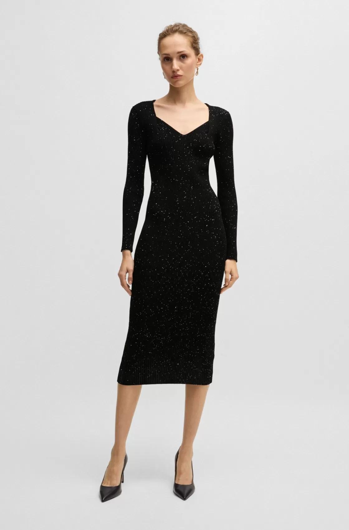 HUGO BOSS Long-sleeved Knitted Dress With Sequin Embellishments Black Online