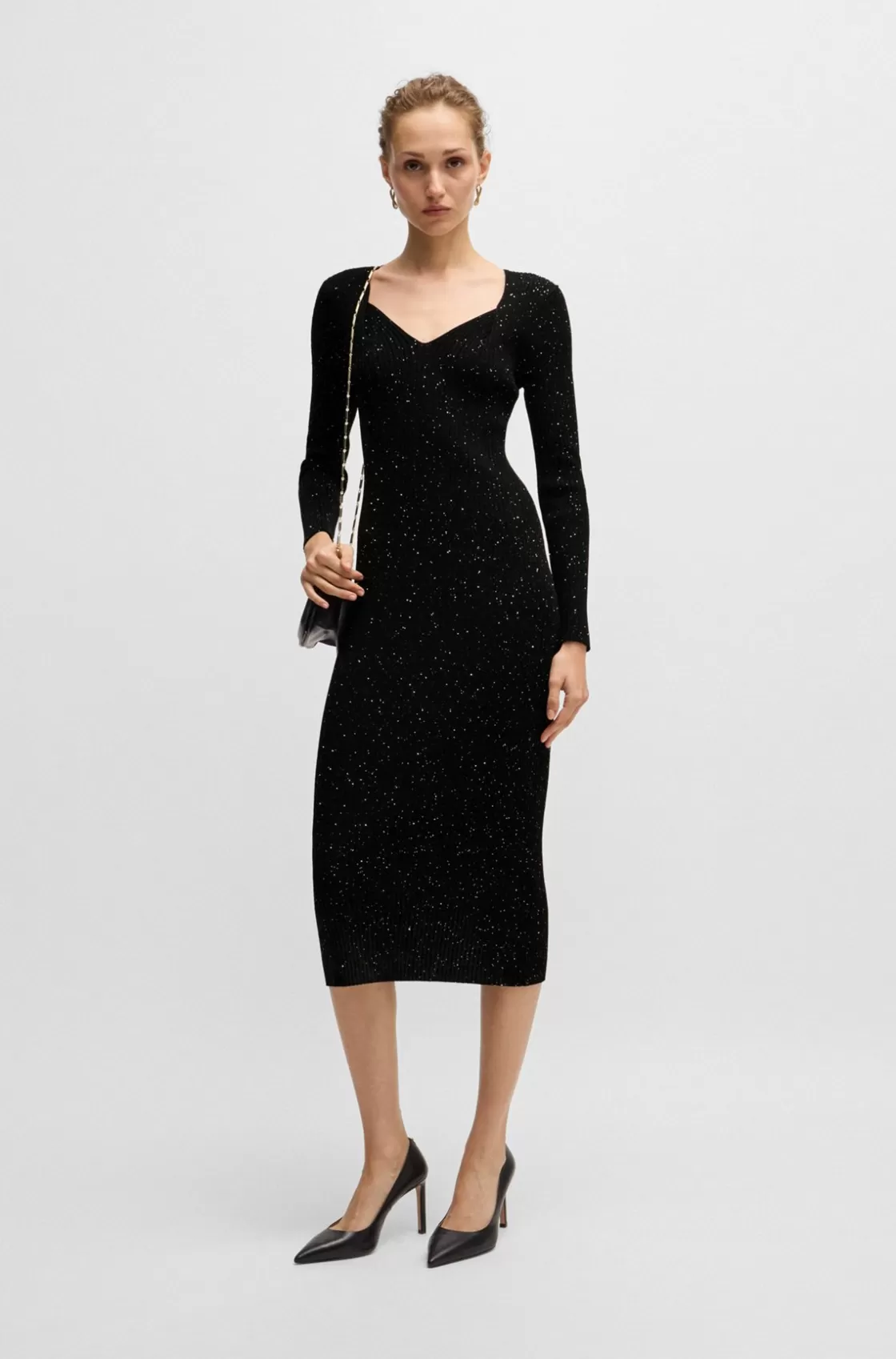 HUGO BOSS Long-sleeved Knitted Dress With Sequin Embellishments Black Online