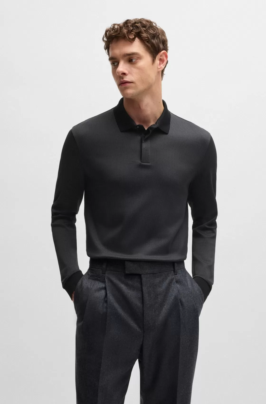 HUGO BOSS Long-sleeved Polo Shirt In Cotton With Concealed Placket Black Discount