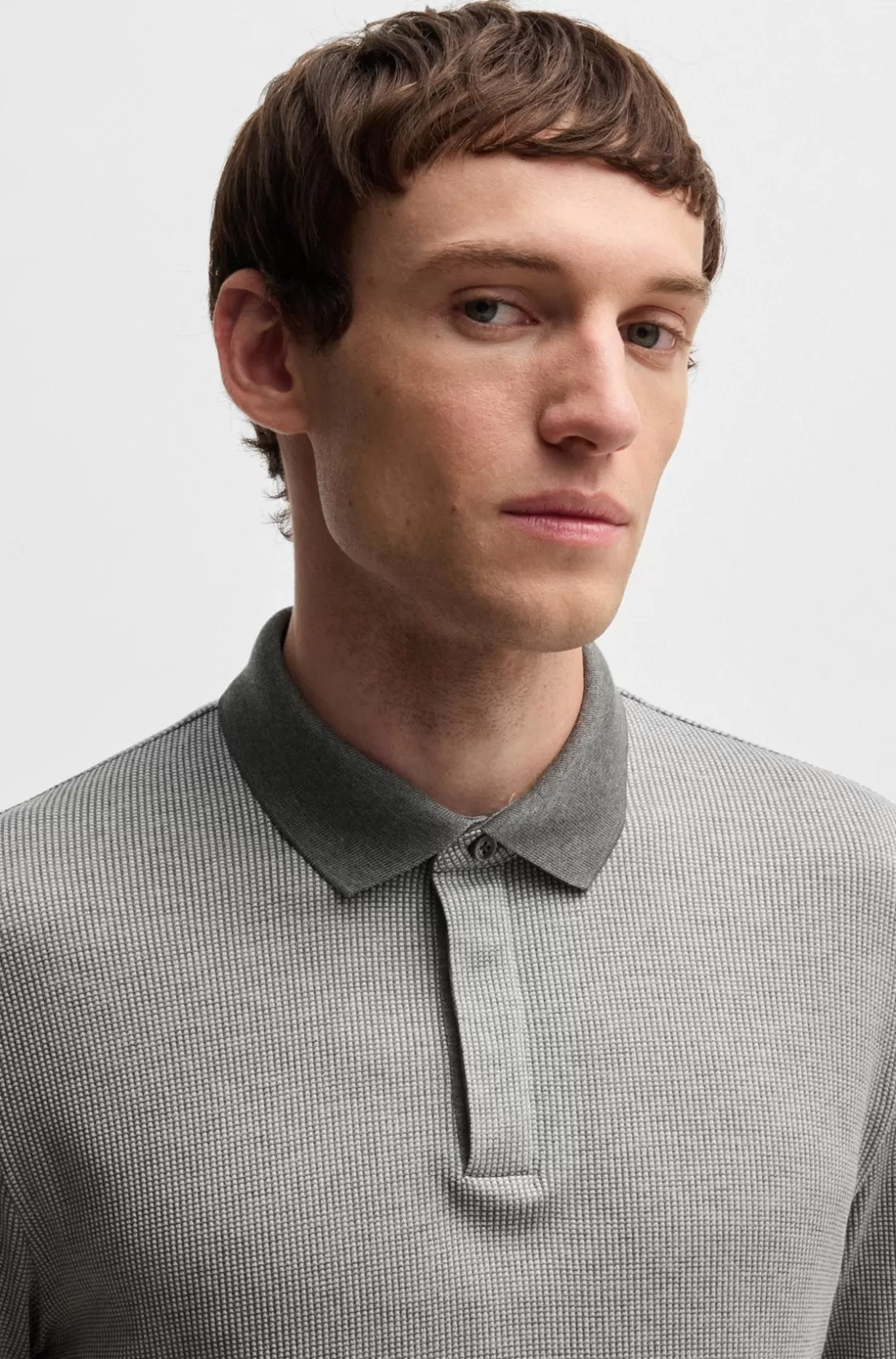 HUGO BOSS Long-sleeved Polo Shirt In Cotton With Concealed Placket Silver Sale