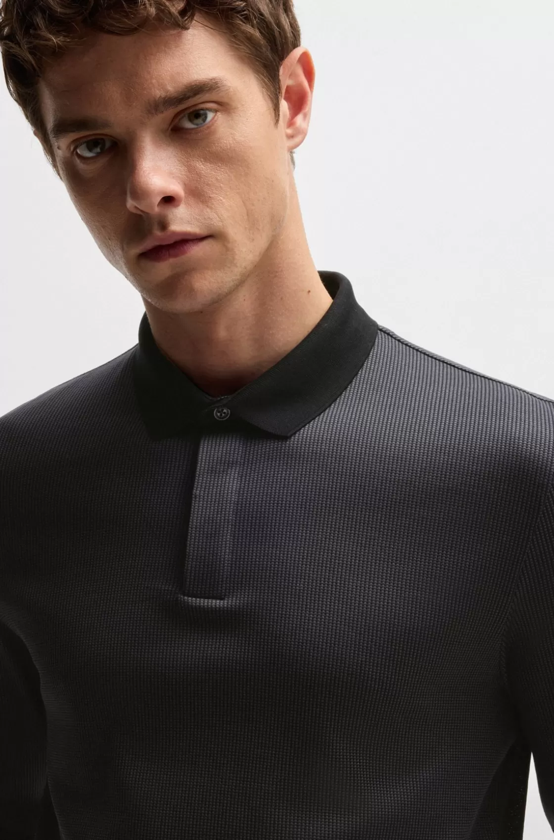 HUGO BOSS Long-sleeved Polo Shirt In Cotton With Concealed Placket Black Discount