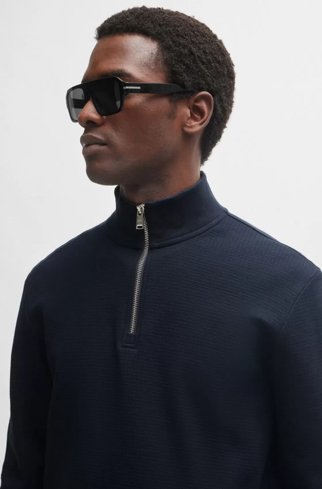 HUGO BOSS Long-sleeved Slim-fit Cotton T-shirt With Zip Neck Dark Blue Cheap