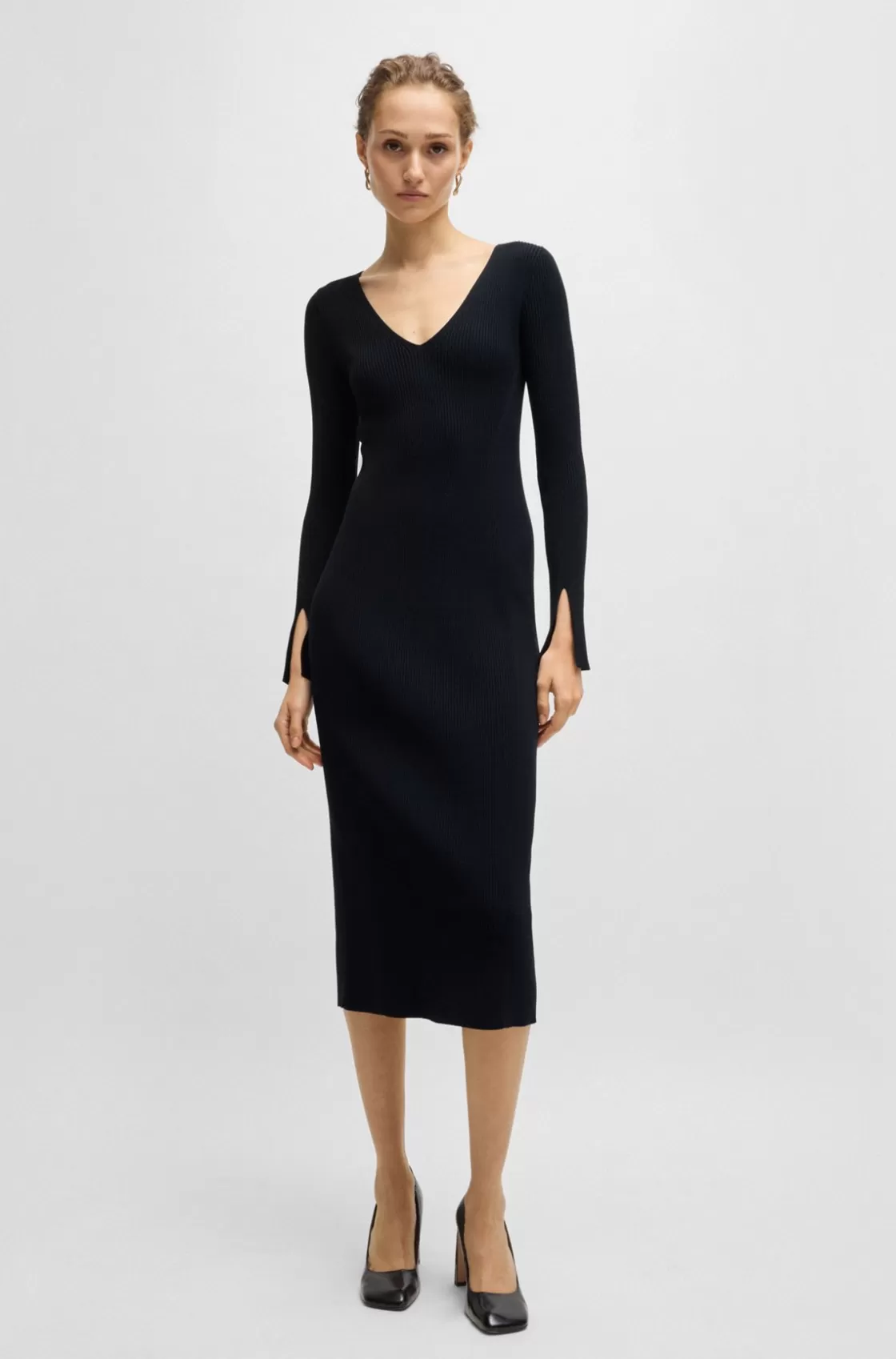 HUGO BOSS Long-sleeved V-neck Dress With Ribbed Knit Dark Blue Discount