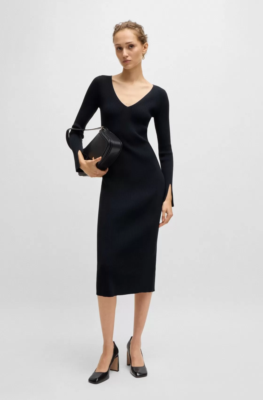 HUGO BOSS Long-sleeved V-neck Dress With Ribbed Knit Dark Blue Discount