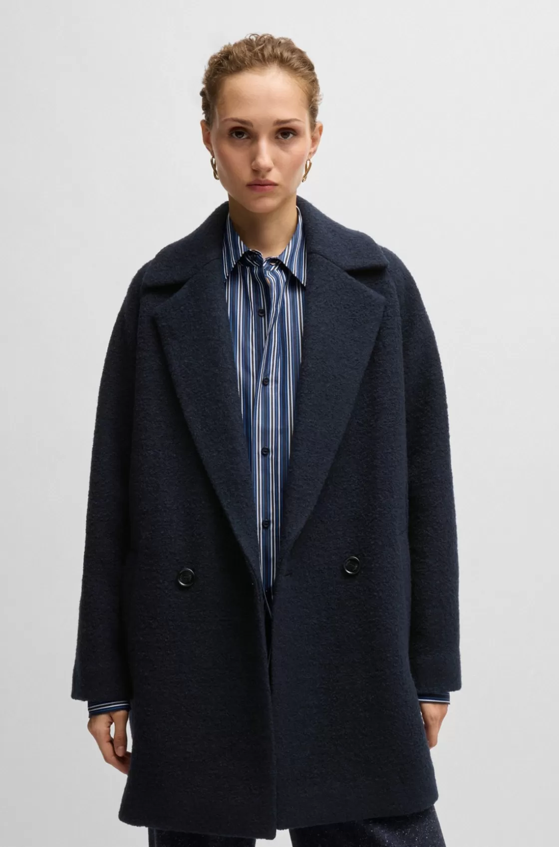 HUGO BOSS Loose-fit Coat In Textured Wool Dark Blue Sale