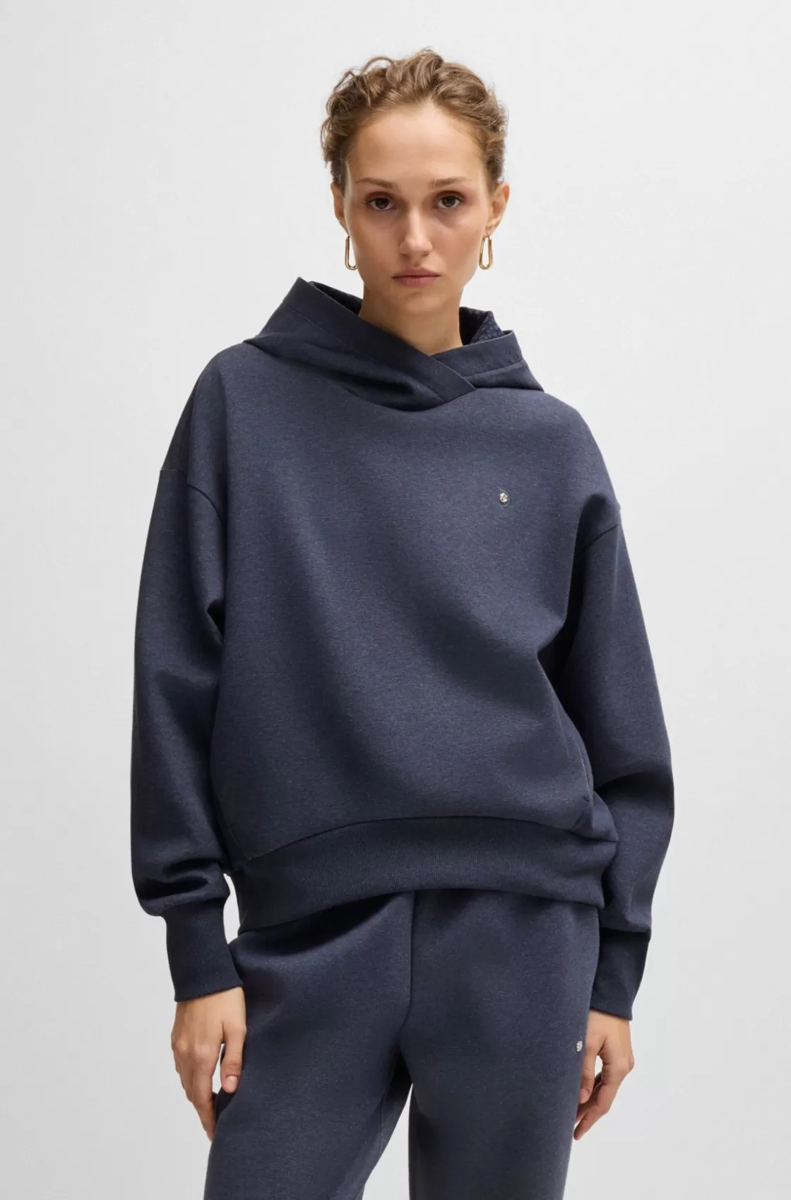 HUGO BOSS Melange-cotton Hoodie With Double B Monogram Dark Blue Fashion