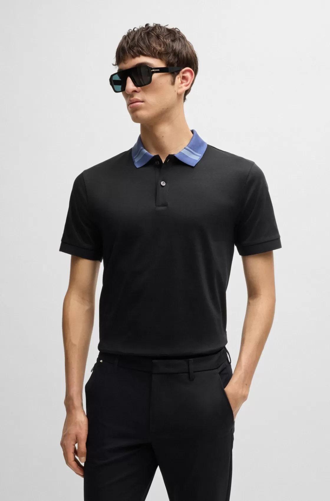 HUGO BOSS Mercerized-cotton Slim-fit Polo Shirt With Collar Stripes Black Flash Sale