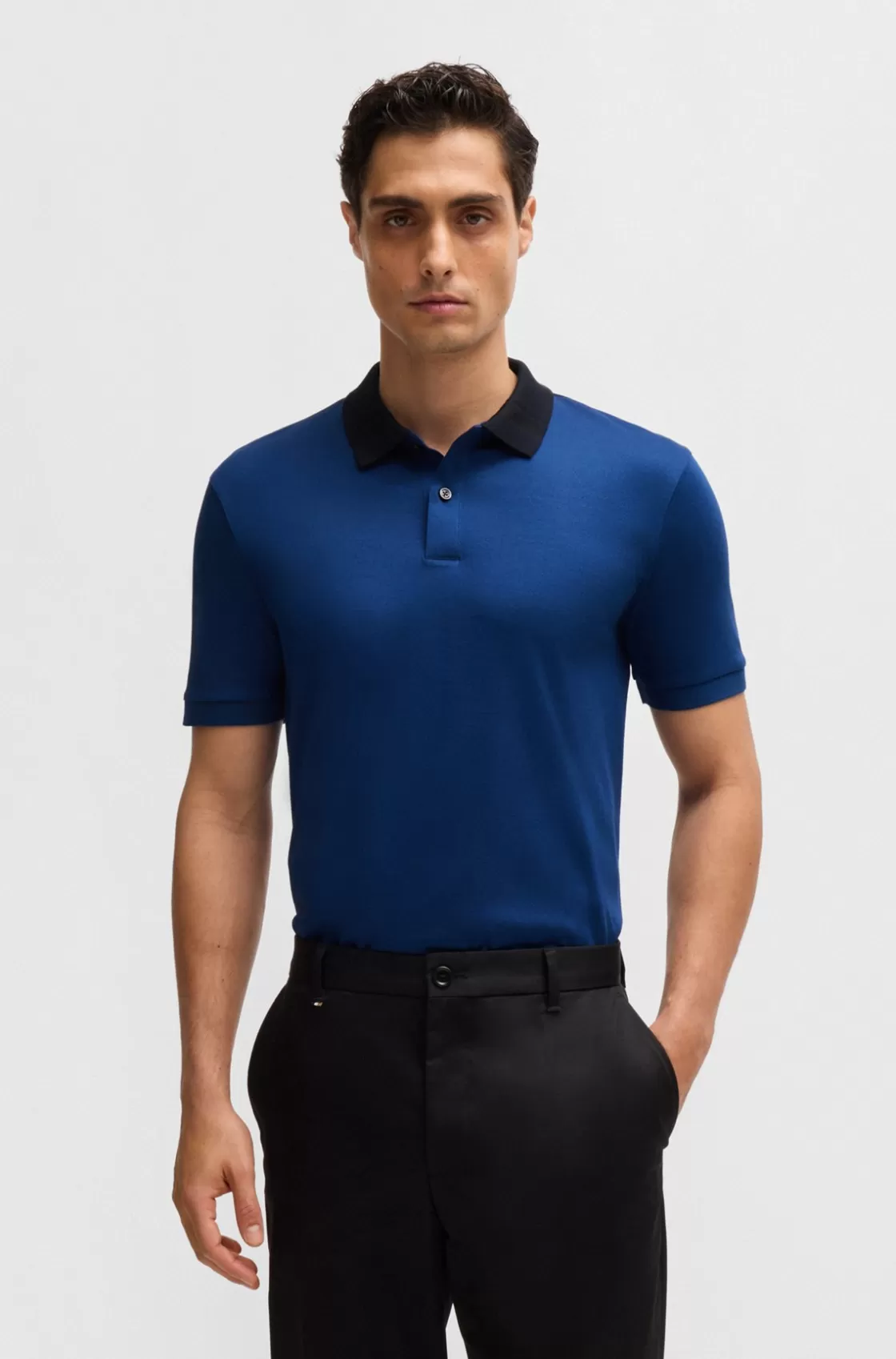 HUGO BOSS Mercerized-cotton Slim-fit Polo Shirt With Collar Stripes Light Blue New