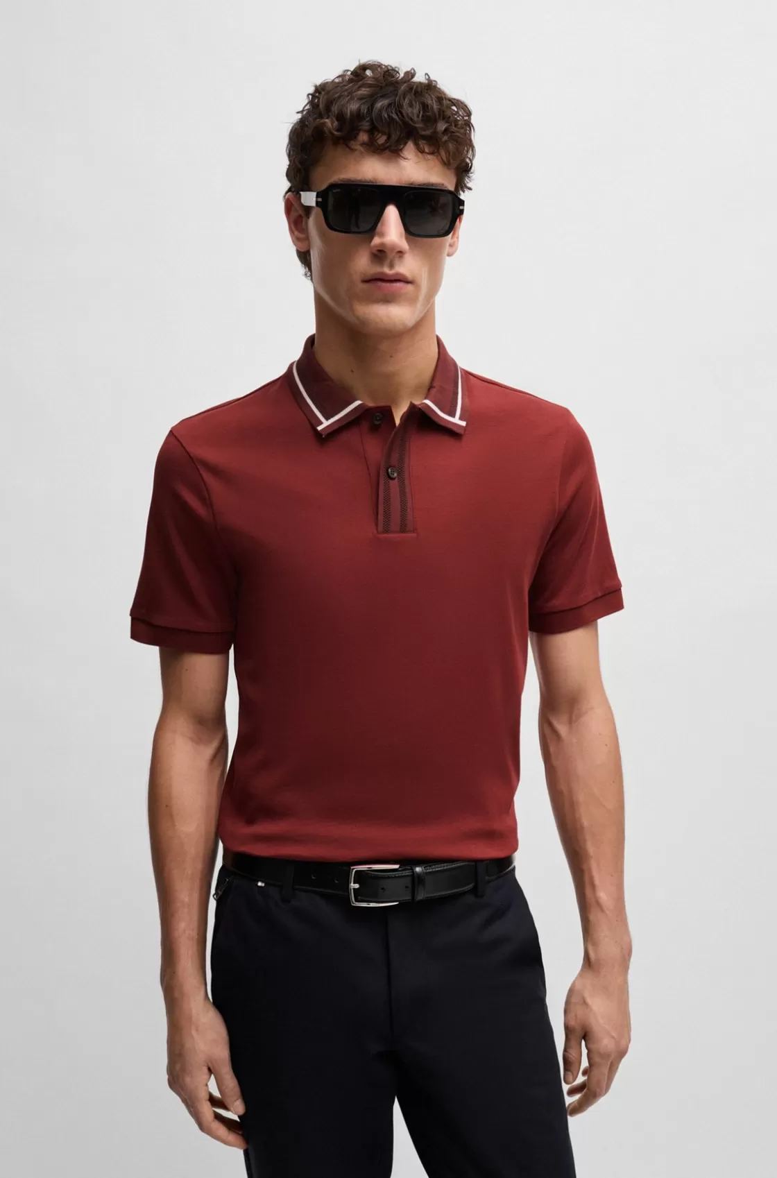 HUGO BOSS Mercerized-cotton Slim-fit Polo Shirt With Contrast Stripes Light Brown Clearance