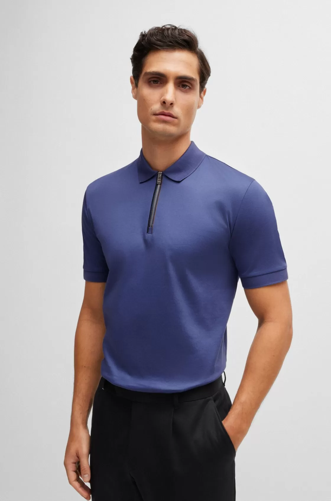 HUGO BOSS Mercerized-cotton Slim-fit Polo Shirt With Zip Placket Dark Blue Clearance