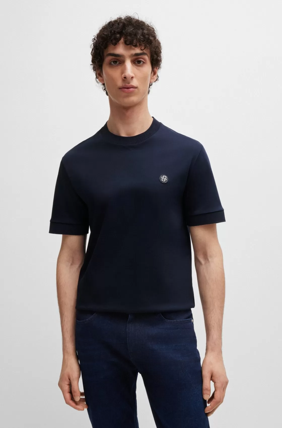 HUGO BOSS Mercerized-cotton T-shirt With Double B Monogram Dark Blue Online