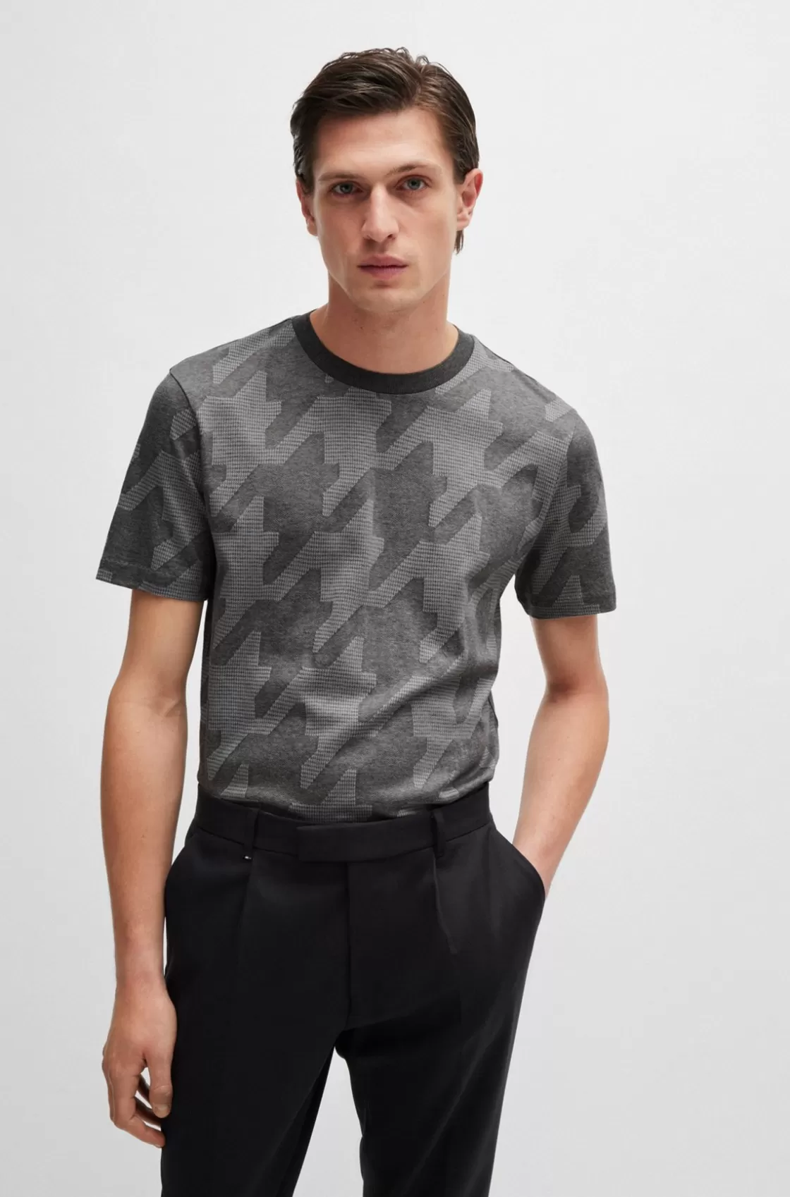 HUGO BOSS Mercerized-cotton T-shirt With Houndstooth Jacquard Silver Cheap