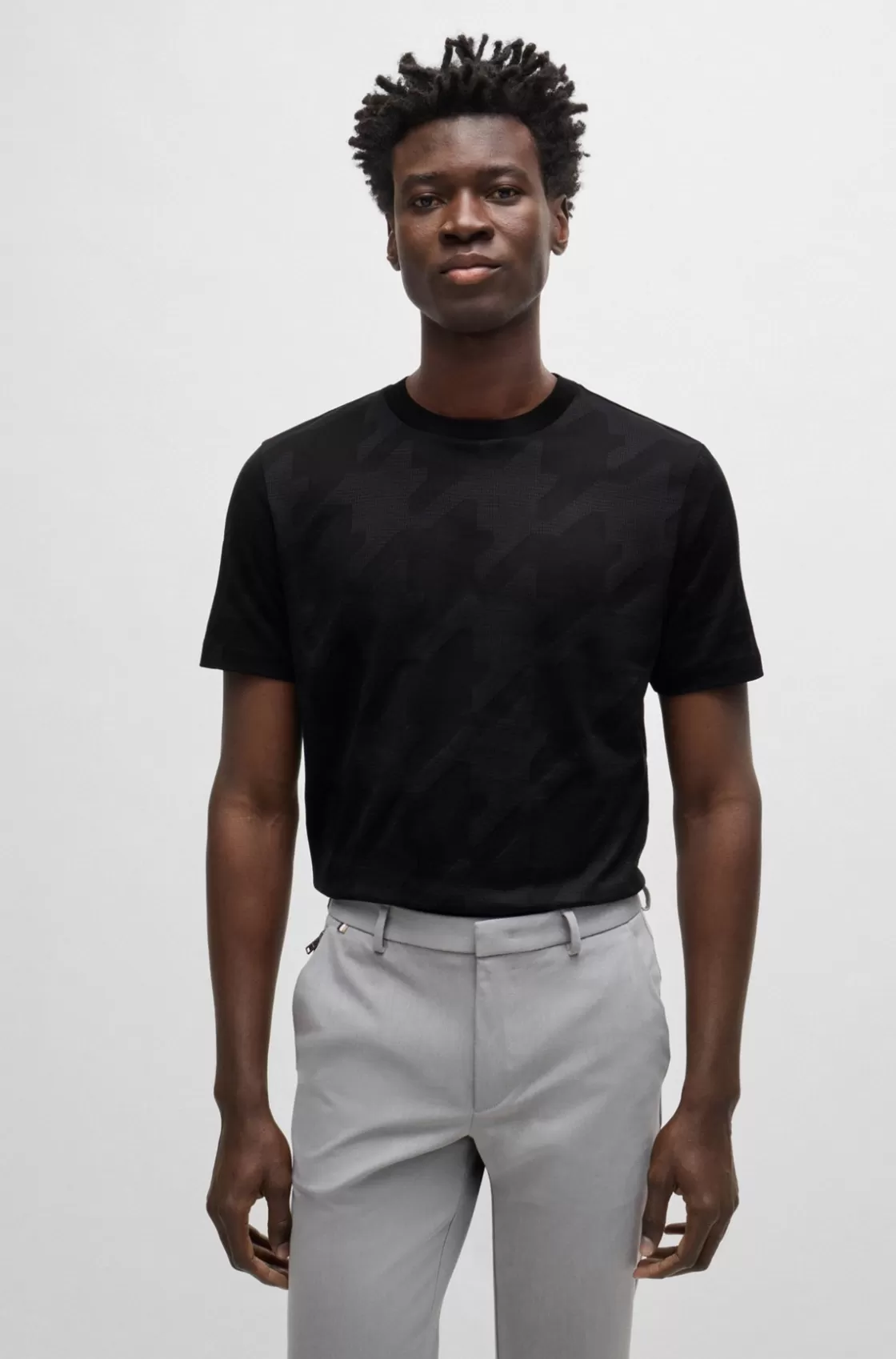 HUGO BOSS Mercerized-cotton T-shirt With Houndstooth Jacquard Black Sale