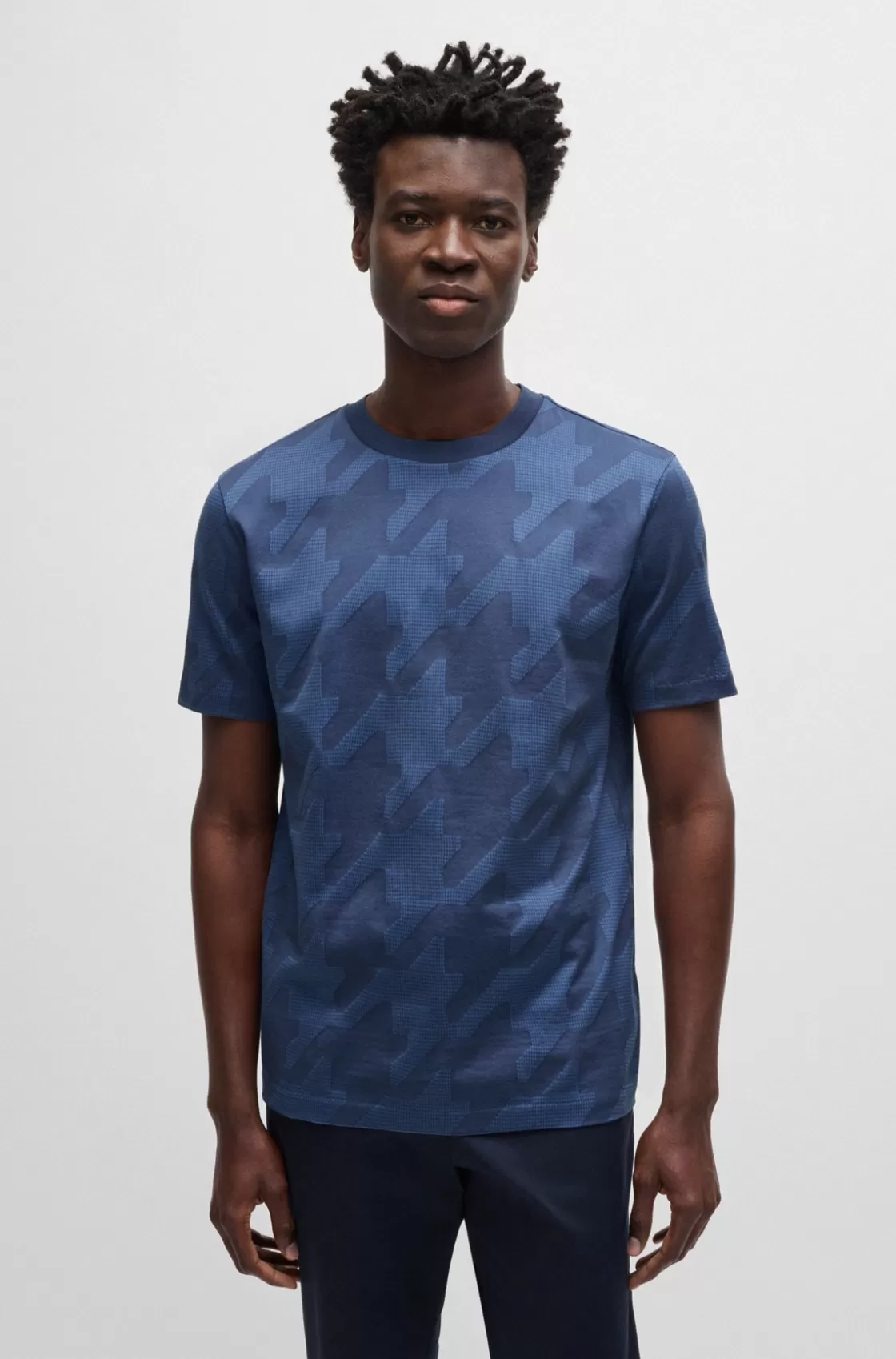 HUGO BOSS Mercerized-cotton T-shirt With Houndstooth Jacquard Dark Blue Flash Sale