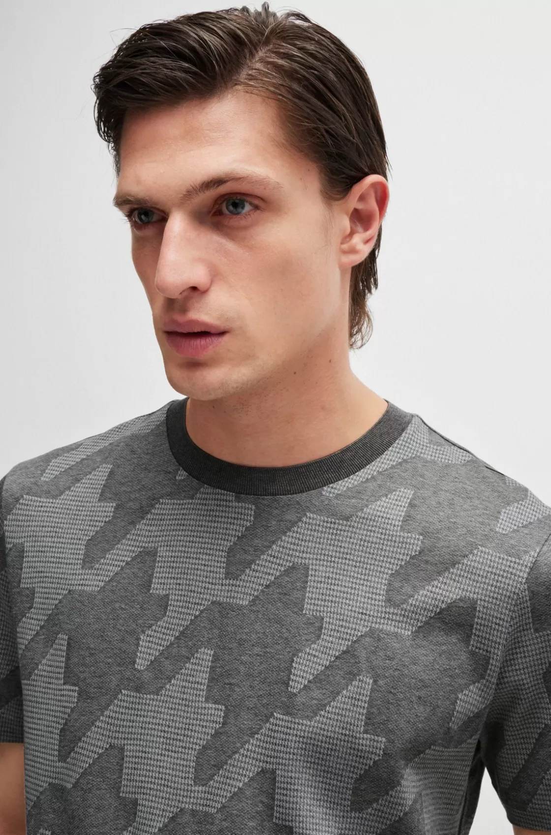 HUGO BOSS Mercerized-cotton T-shirt With Houndstooth Jacquard Silver Cheap