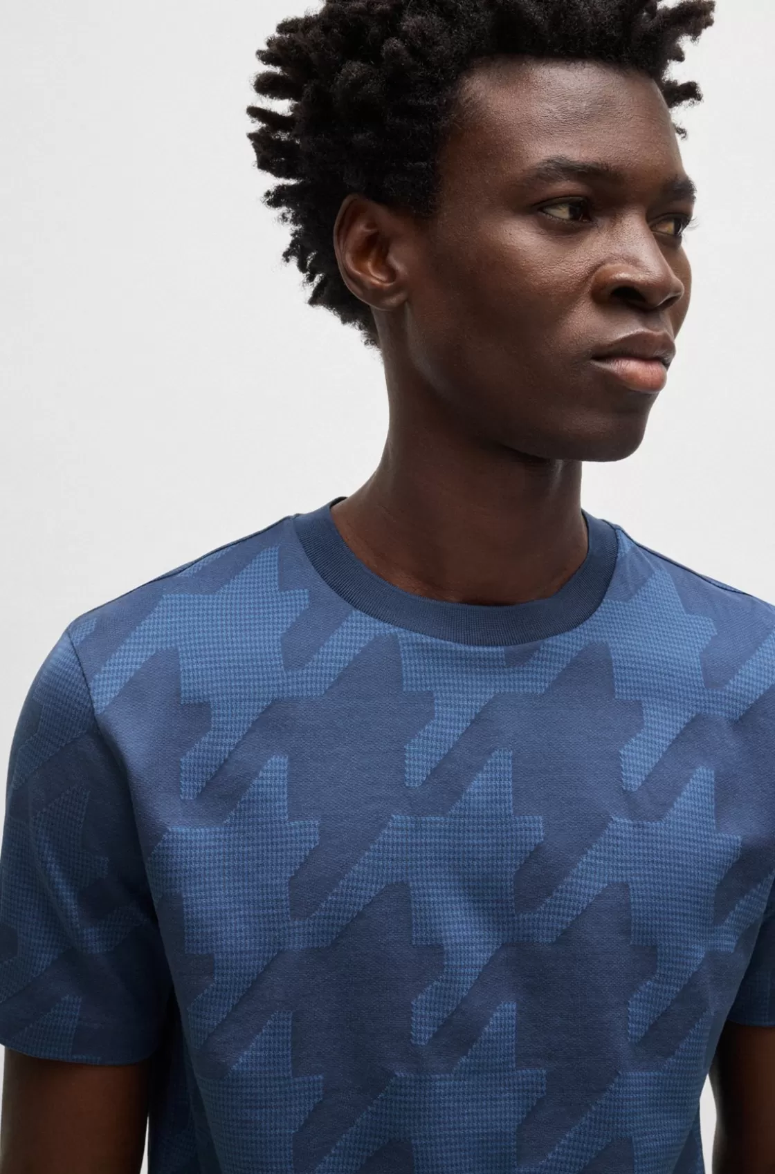 HUGO BOSS Mercerized-cotton T-shirt With Houndstooth Jacquard Dark Blue Flash Sale