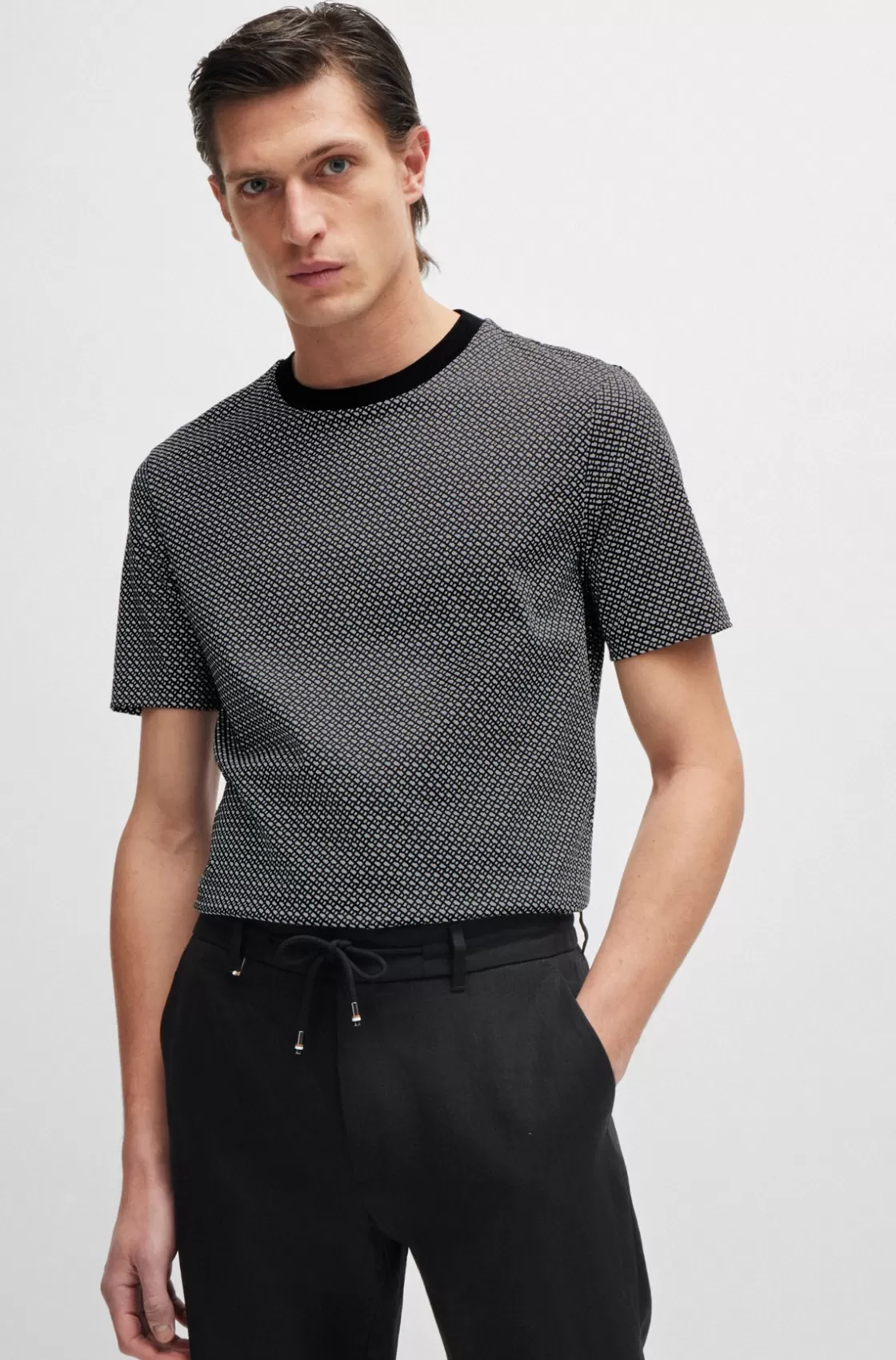 HUGO BOSS Mercerized-cotton T-shirt With Two-tone Monogram Print Black Hot