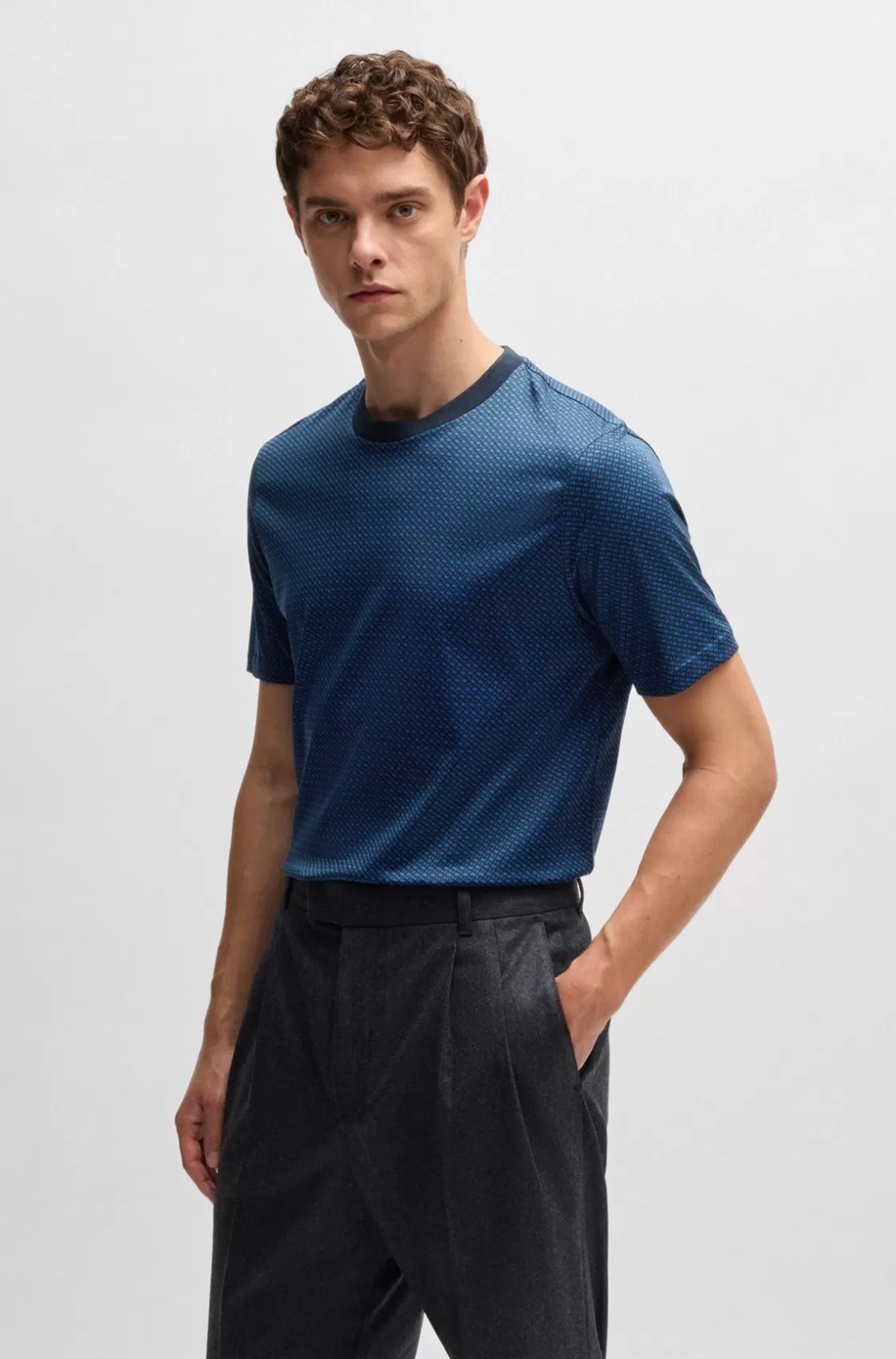 HUGO BOSS Mercerized-cotton T-shirt With Two-tone Monogram Print Dark Blue Best Sale