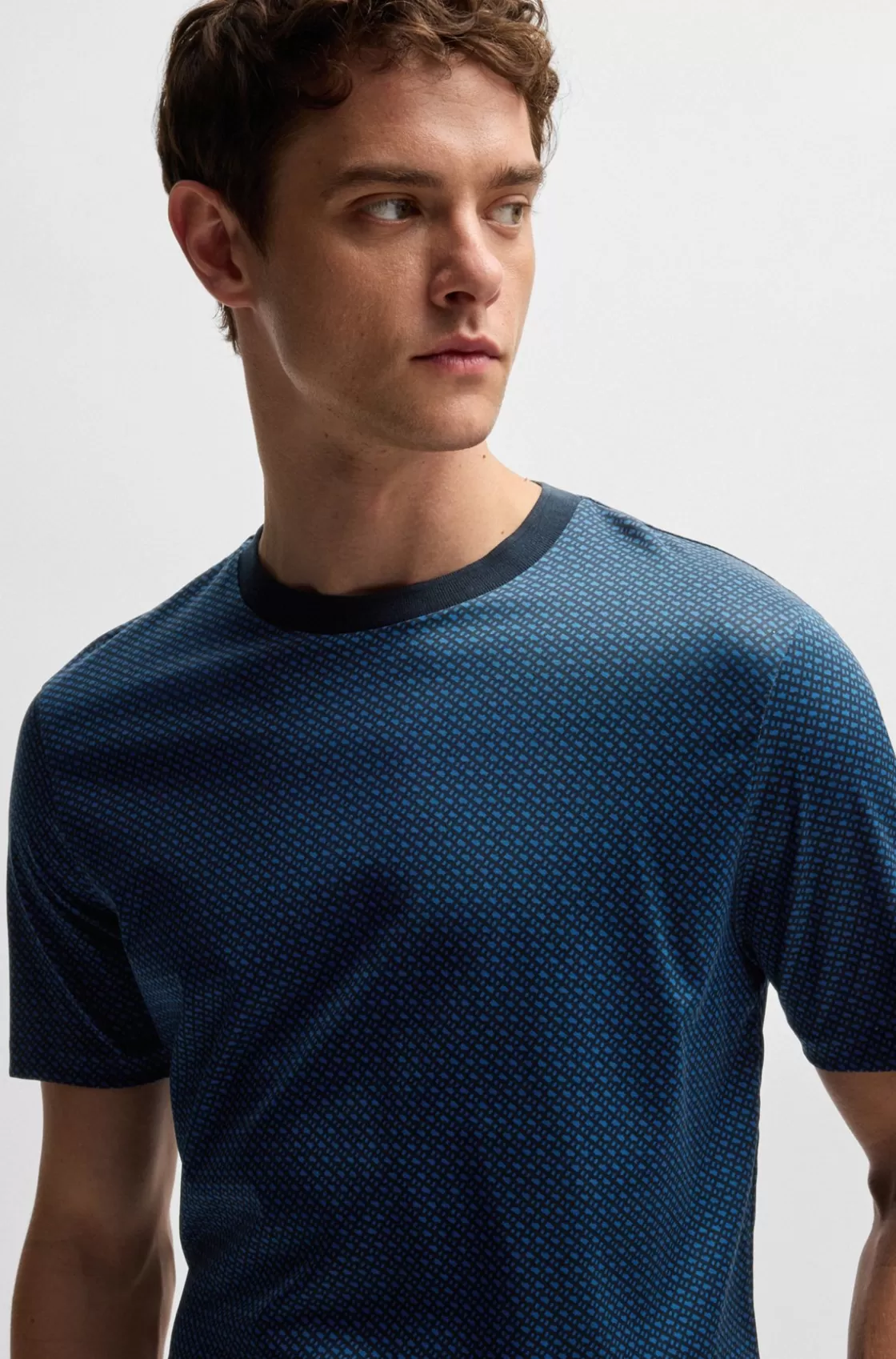 HUGO BOSS Mercerized-cotton T-shirt With Two-tone Monogram Print Dark Blue Best Sale