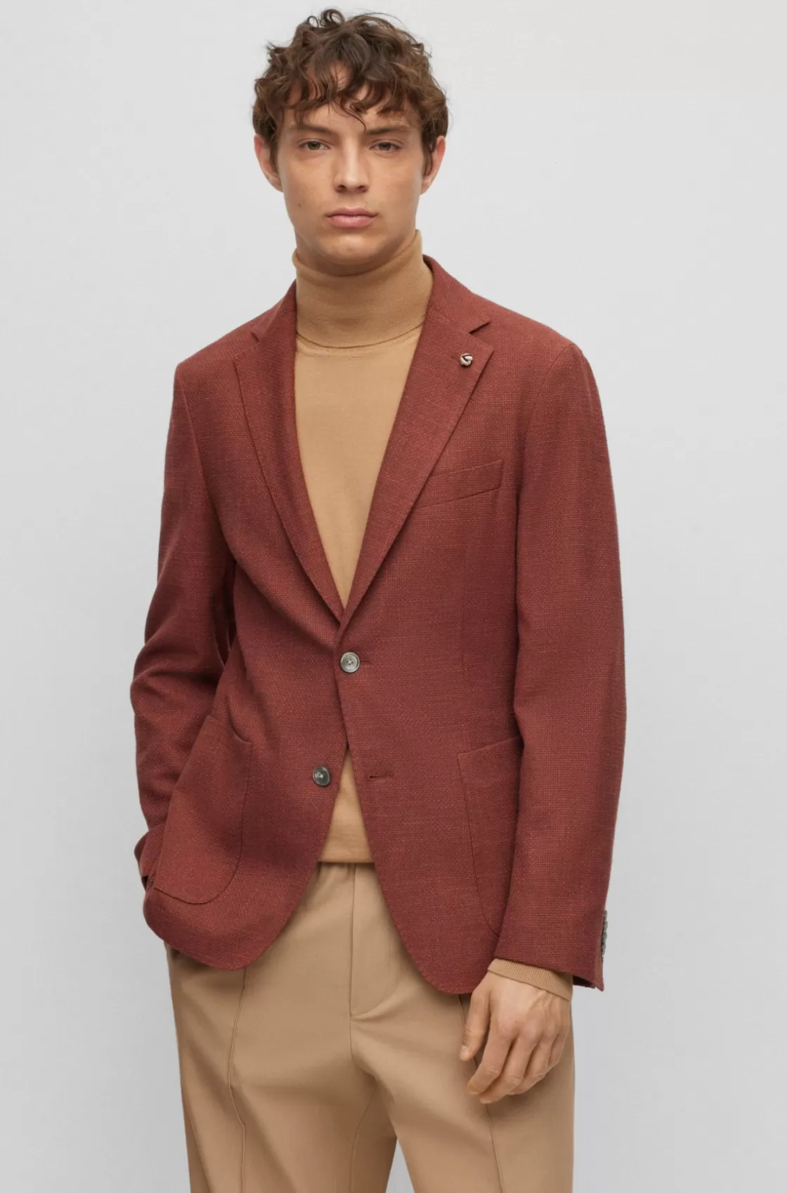 HUGO BOSS Micro-pattern Slim-fit Jacket In A Cotton Blend Red Fashion