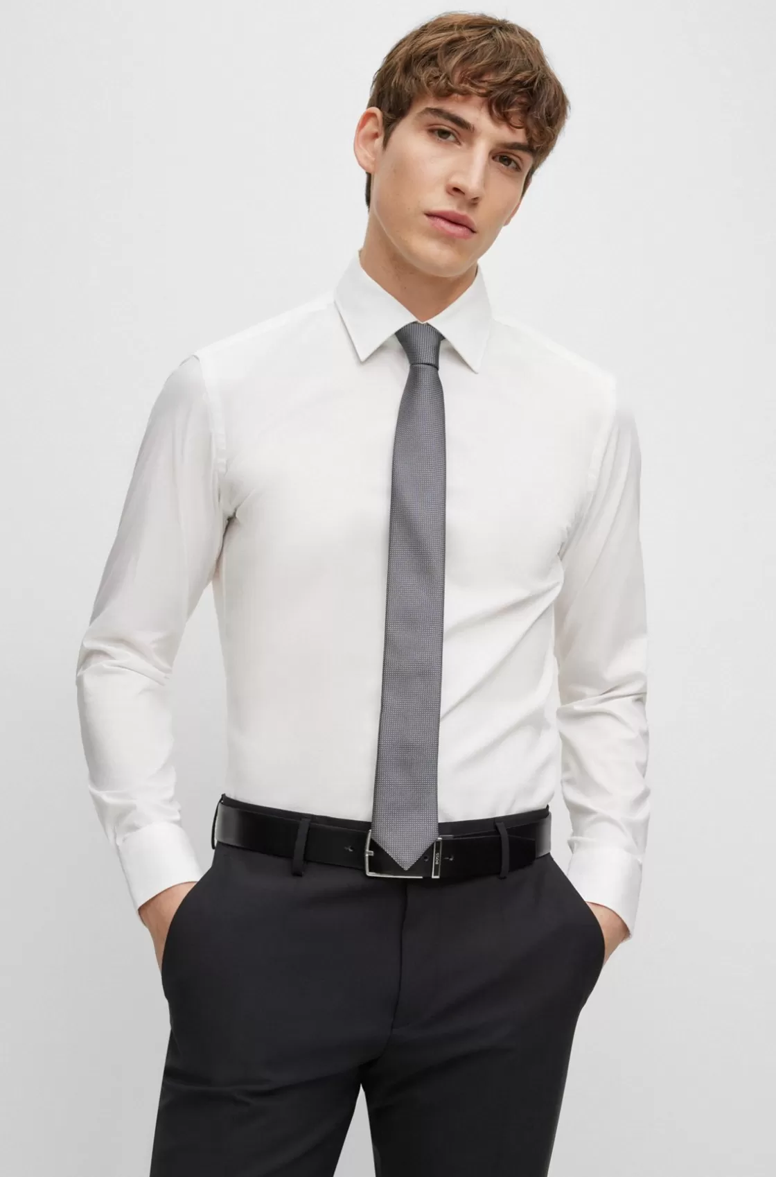 HUGO BOSS Micro-patterned Tie In Pure Silk Silver Outlet