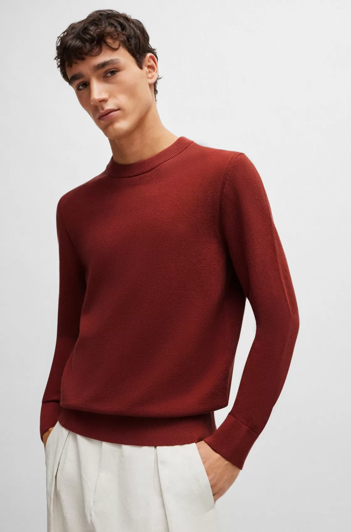HUGO BOSS Micro-structured Sweater In Cotton Light Brown New