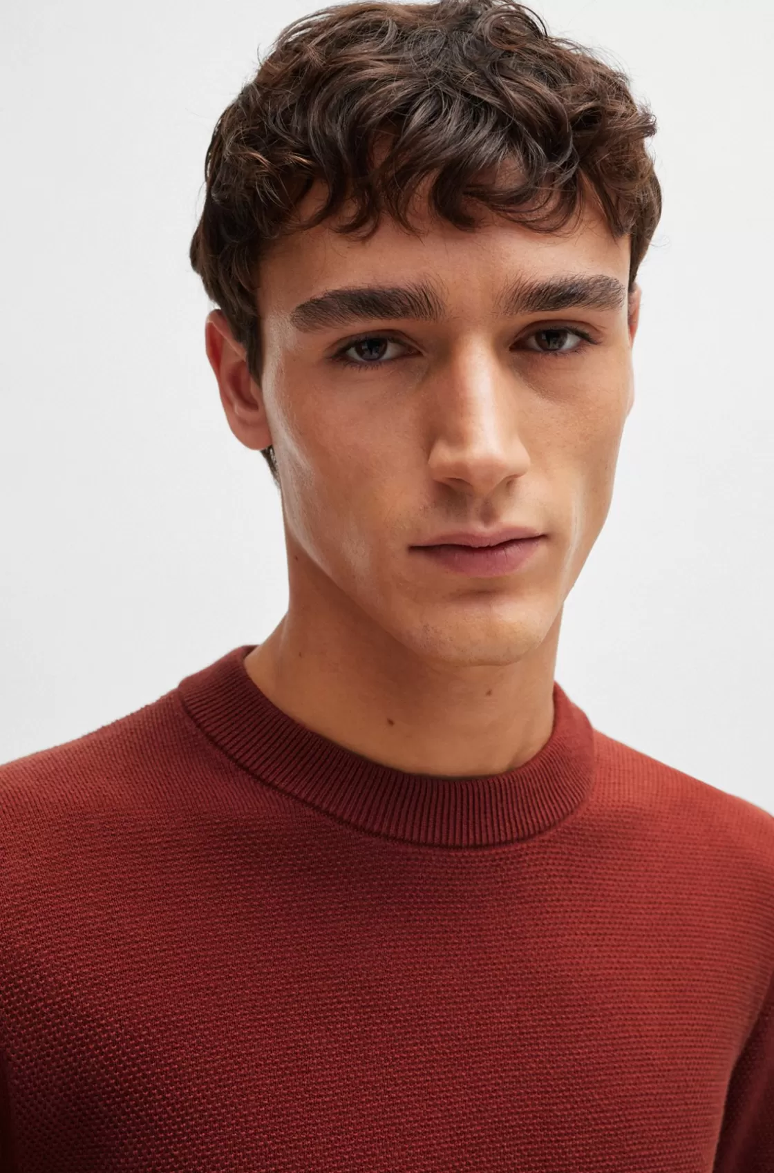 HUGO BOSS Micro-structured Sweater In Cotton Light Brown New