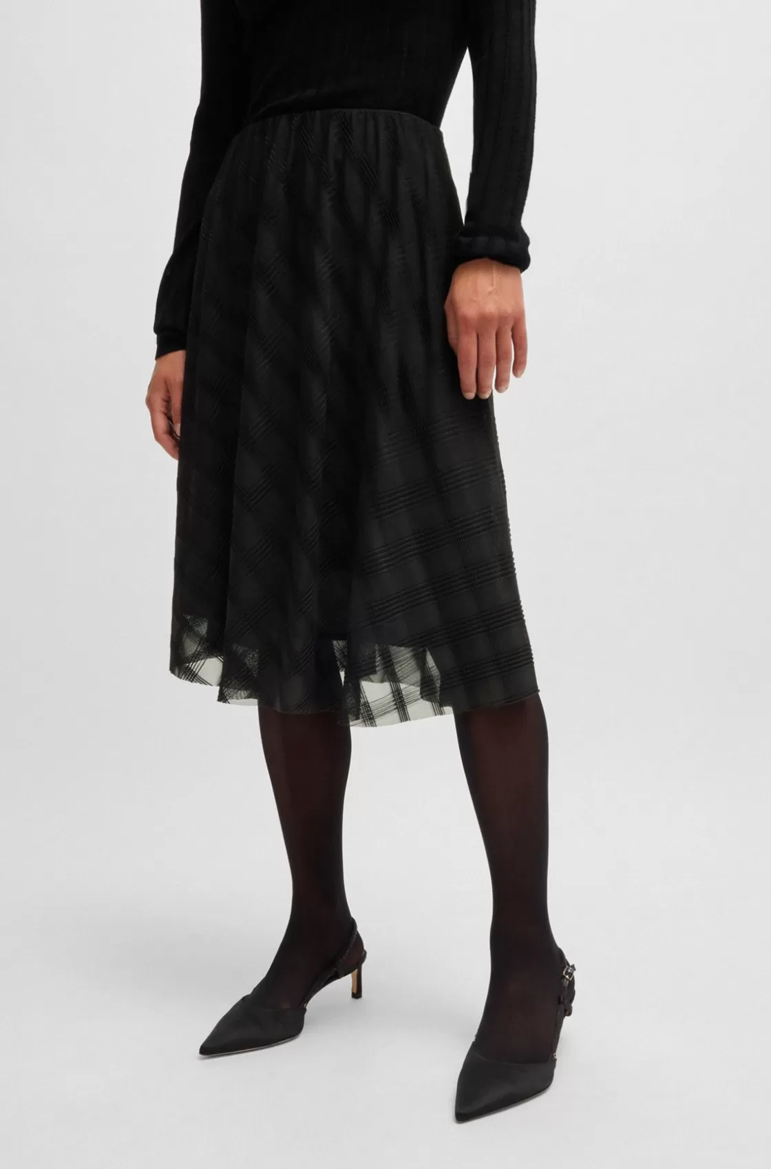 HUGO BOSS Midi Skirt In Patterned Tulle Black New