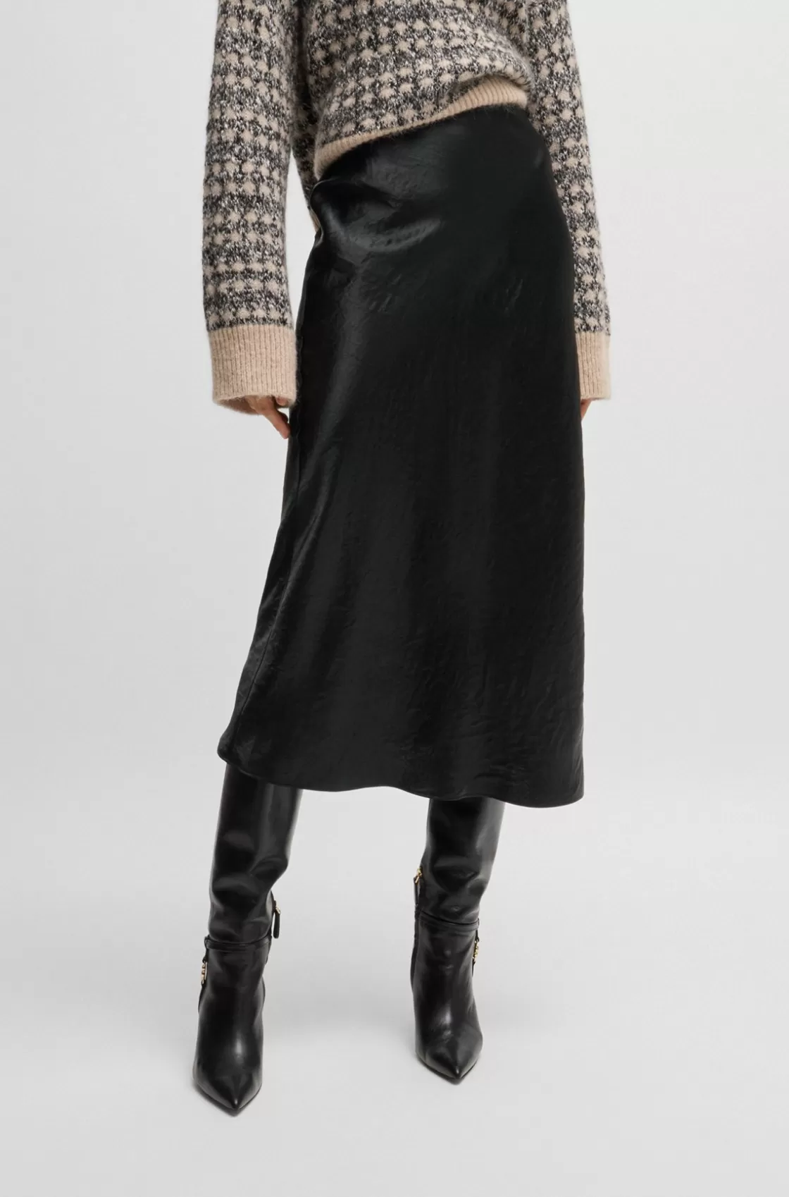 HUGO BOSS Midi-length Skirt In Crinkled Satin-touch Fabric Black Best
