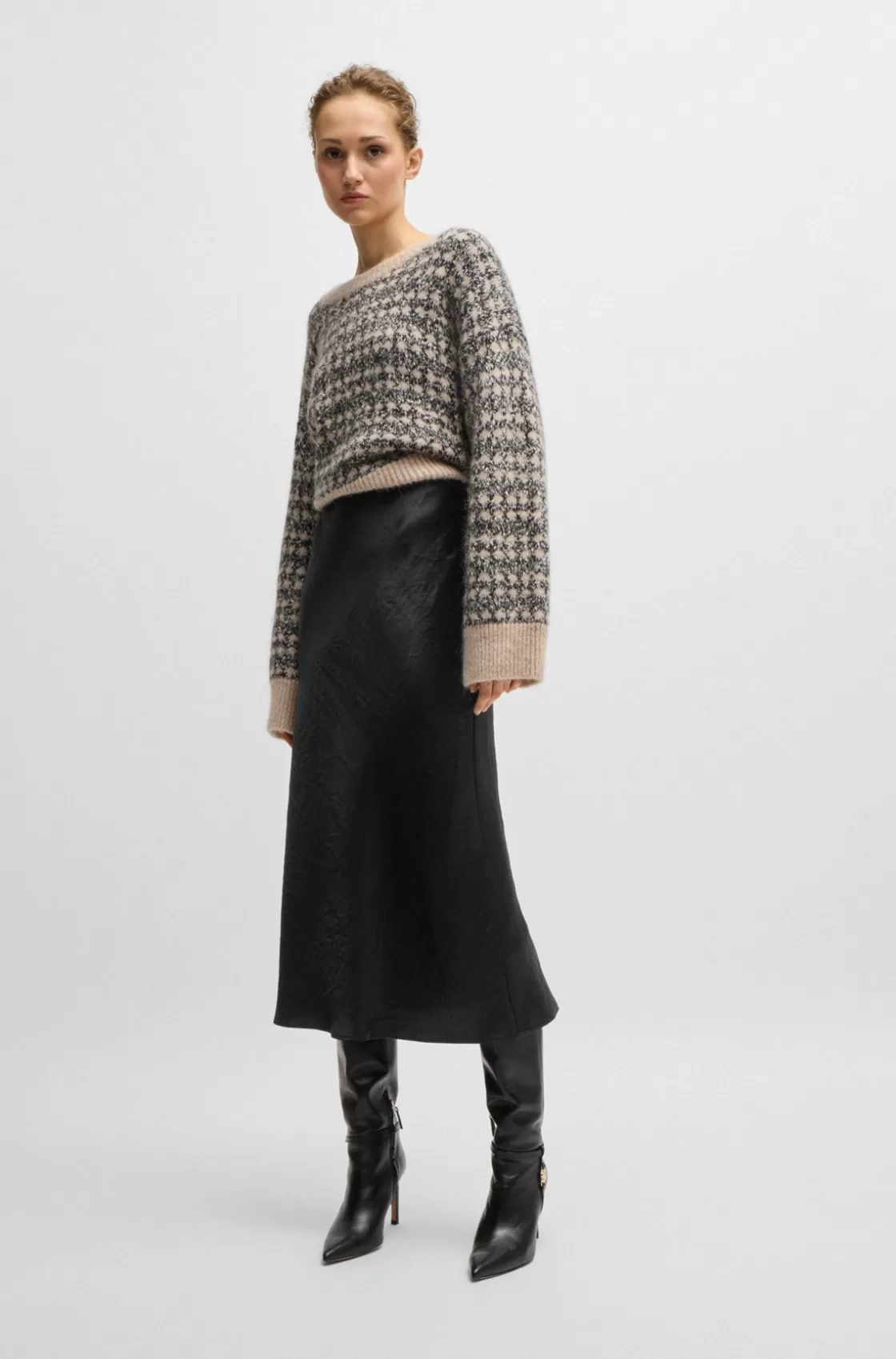 HUGO BOSS Midi-length Skirt In Crinkled Satin-touch Fabric Black Best